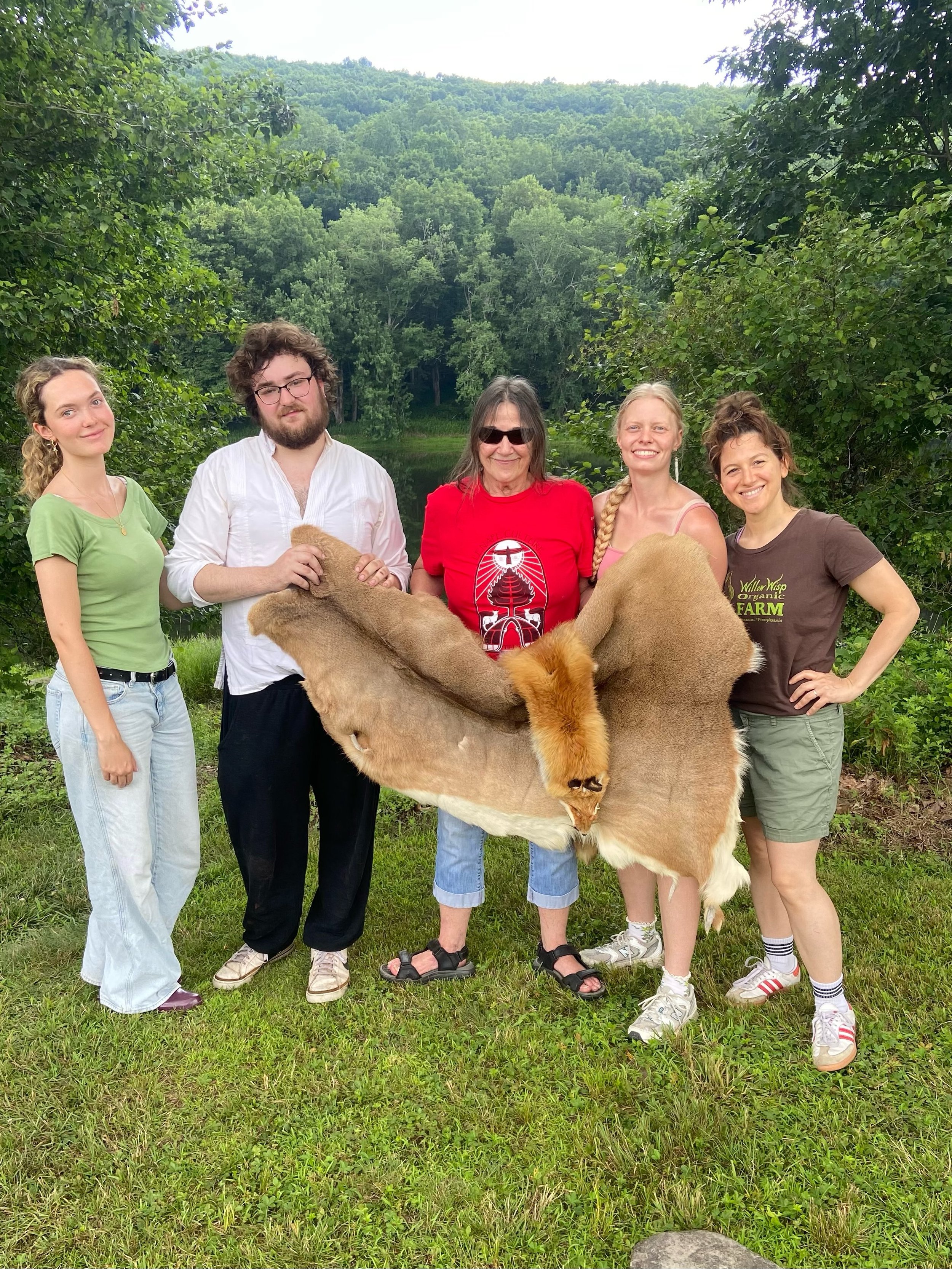 Today our Young Company members Juni, Grady, Kate, and Costanza worked with Lenape elder Shelley DePaul of Lenape Nation of Pennsylvania to create a Lenape camp for a scene in "Johnny Appleseed: An Historical Fantasia." Thanks to @waynecoun