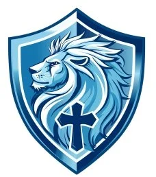 A blue shield emblem featuring a lion's head with a flowing mane and a cross in front of the lion.
