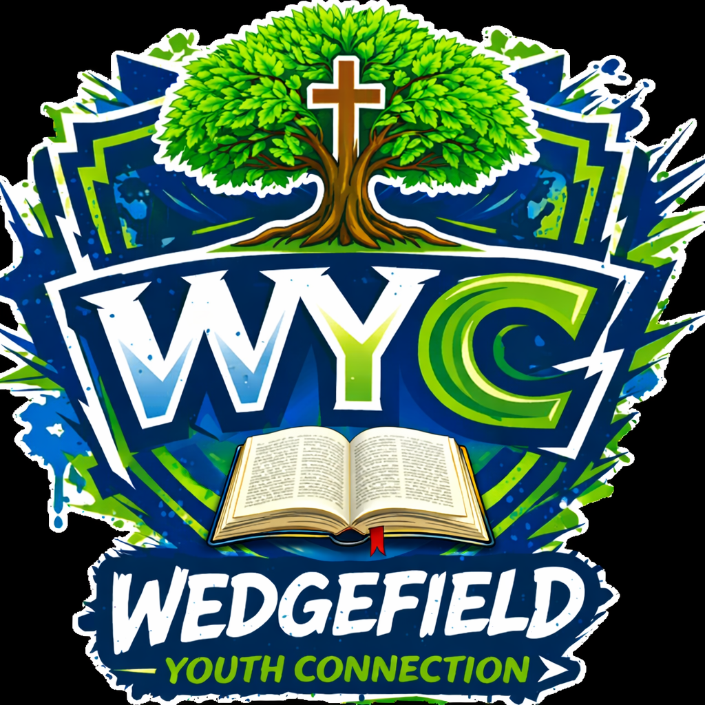 A colorful graphic with a large tree topped by a cross, an open Bible at the bottom, and the words "WYC" and "WEDGEFIELD YOUTH CONNECTION" in bold letters.