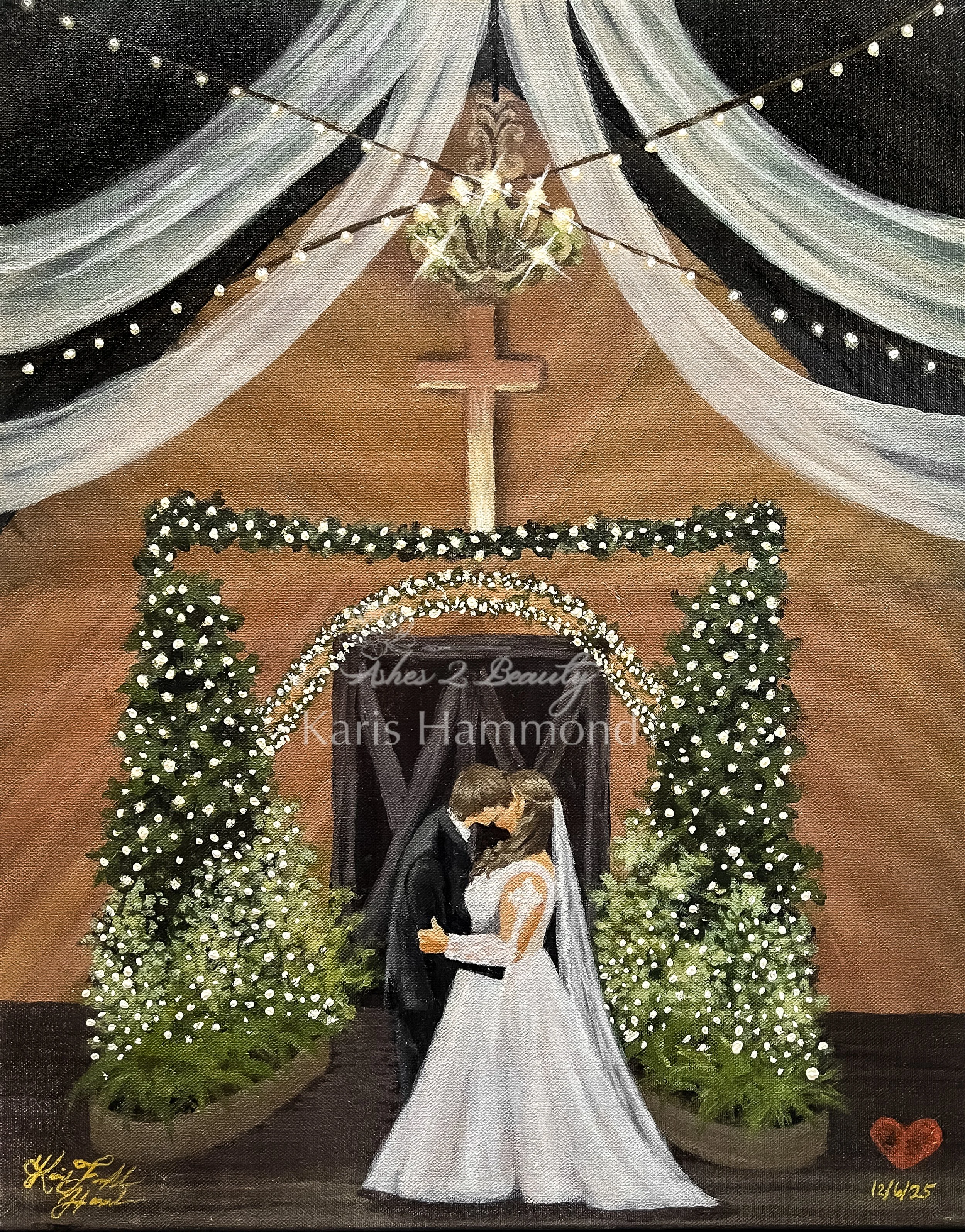 Live wedding painting during the December 2025 wedding of Mr. and Mrs. Lorenzen. Located at Black Fox Farms Wedding Venue.