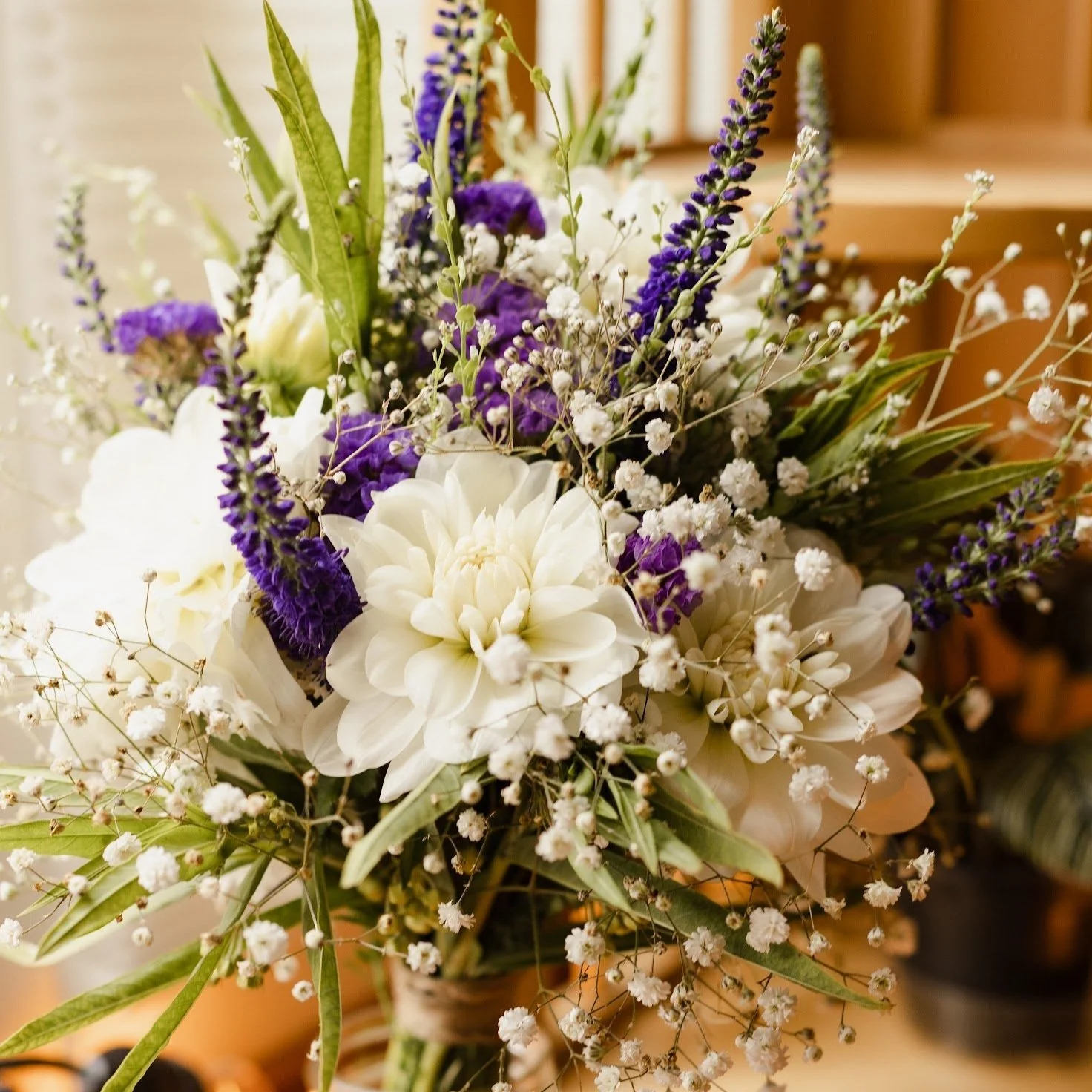a fresh bouquet of purple and white flowers