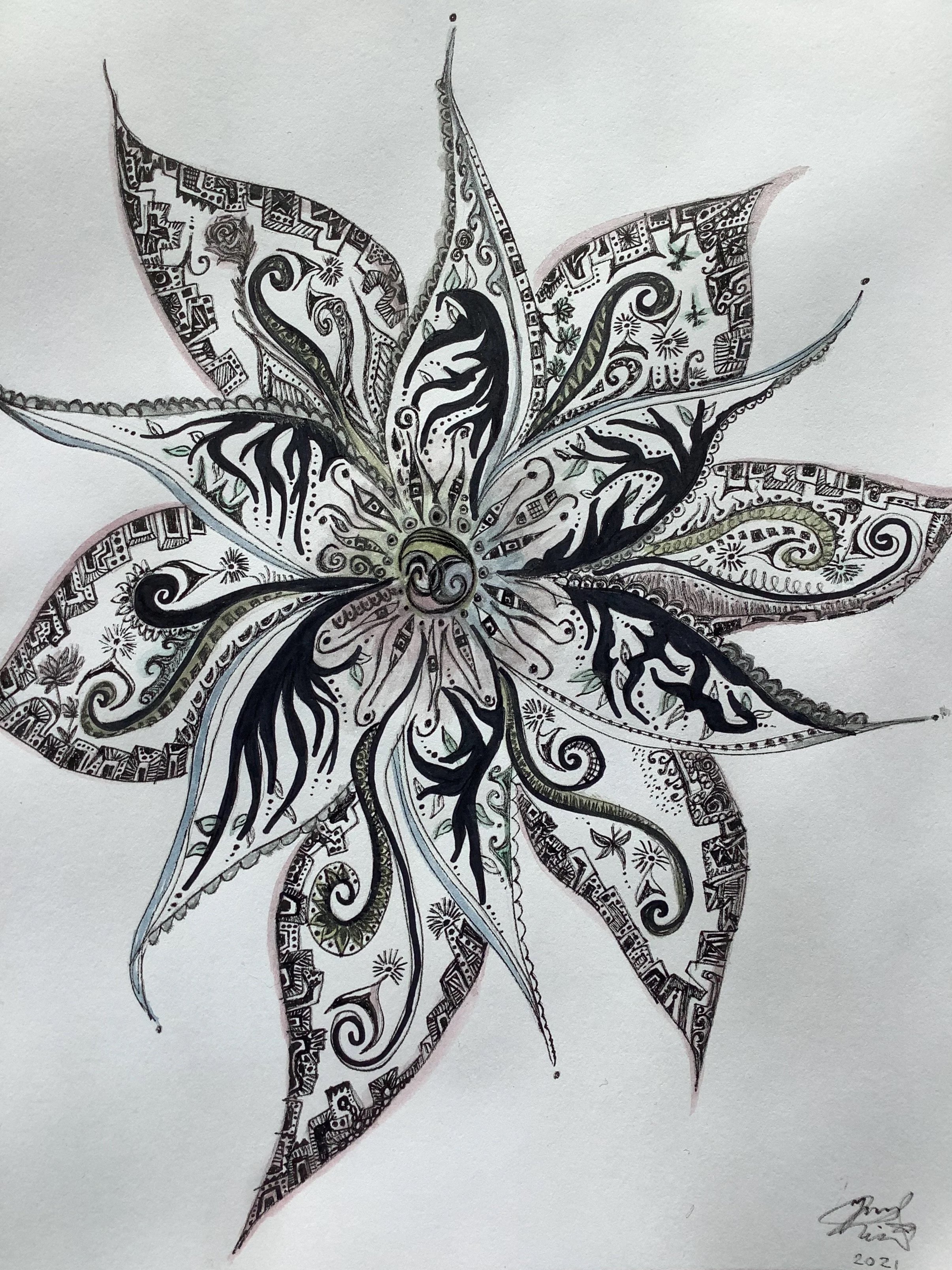 'Blooming'. Ink on paper, light acrylic paint in center. 2021. 11 x 14 inches. SOLD $40.