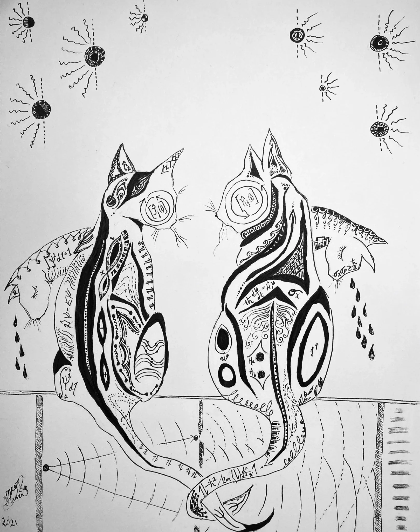 'Schrodinger's Cats' for Stijn De Baerdemacker. Ink on paper. 2023. 11 x 14 inches. Filled with equations, diagrams, and symbolisms I learned in 2nd year quantum chemistry.