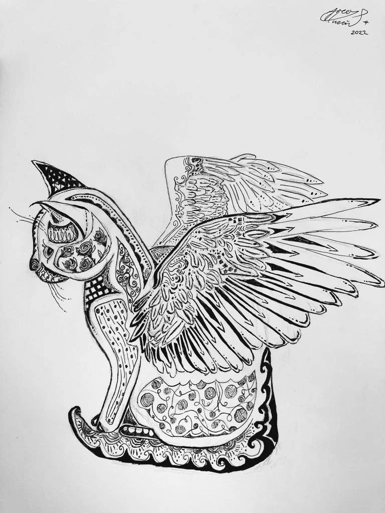 'Catwings' for Bilal Husain. Ink on paper. 2022. 11 x 14 inches. 