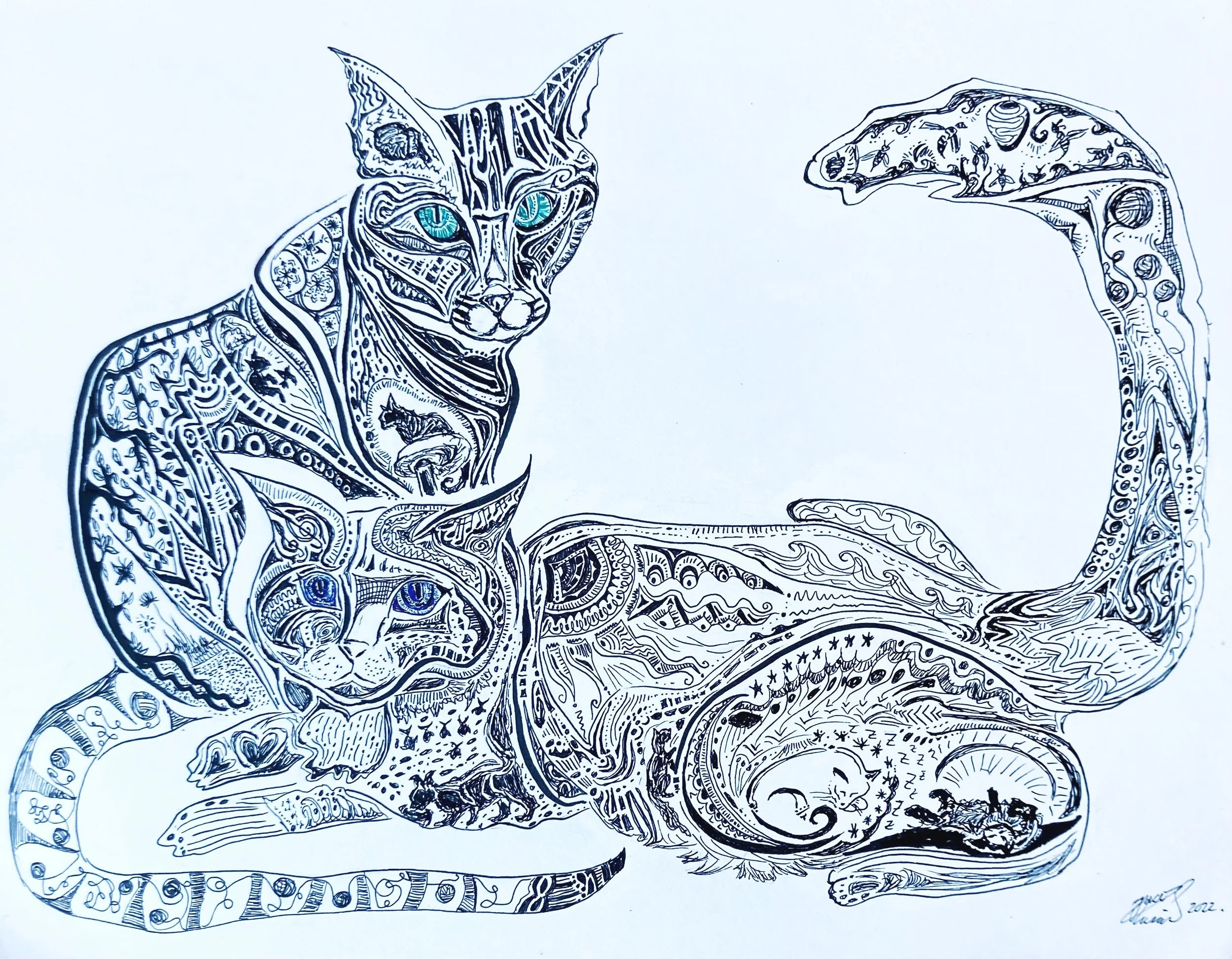 'Snowy and Nina' for Amer El Samman and Maryam Mohammed. Ink on paper. 2022. 11 x 14 inches. Filled with images of Snowy and Nina's memories, characteristics, and delights 