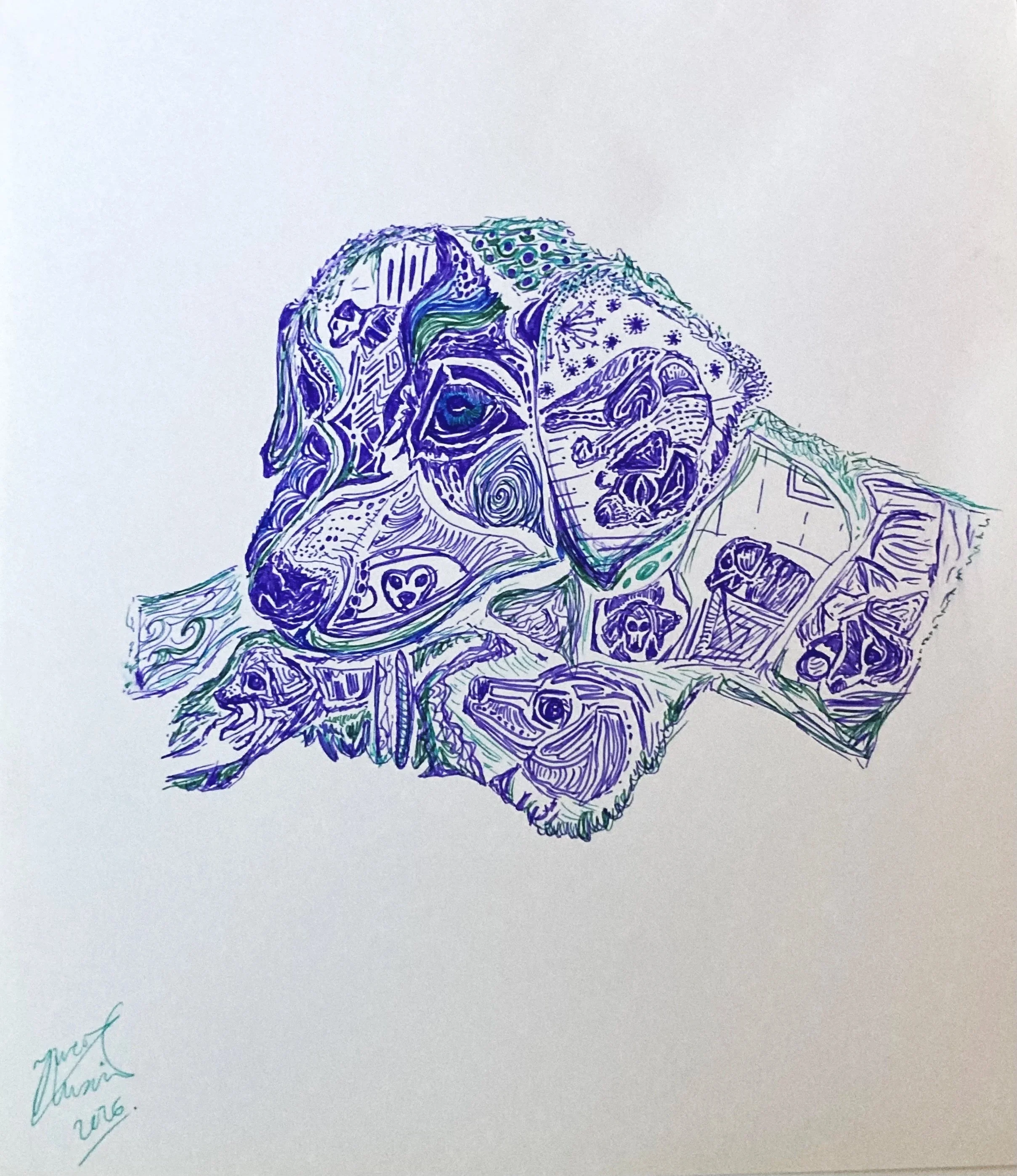 'Judo' for Julie Brannen. Ink on paper. 2026. 10 x 9 inches. Inspired by her new puppy, filled with imagery of Judo's memories 