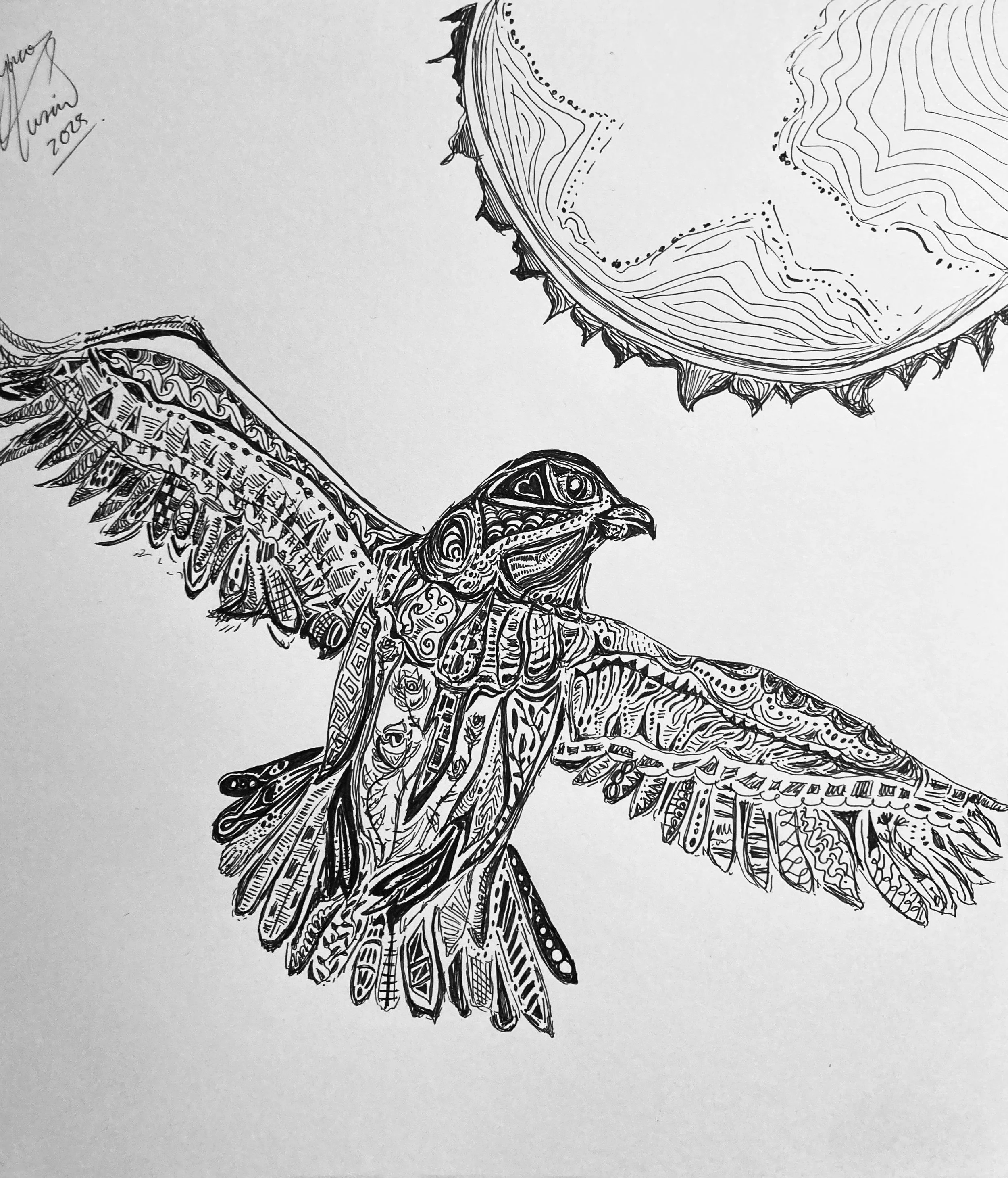 'Travelling the world' for Sairah Yusuf. Ink on paper. 2024. 10 x 9 inches. Inspired by her adventures 