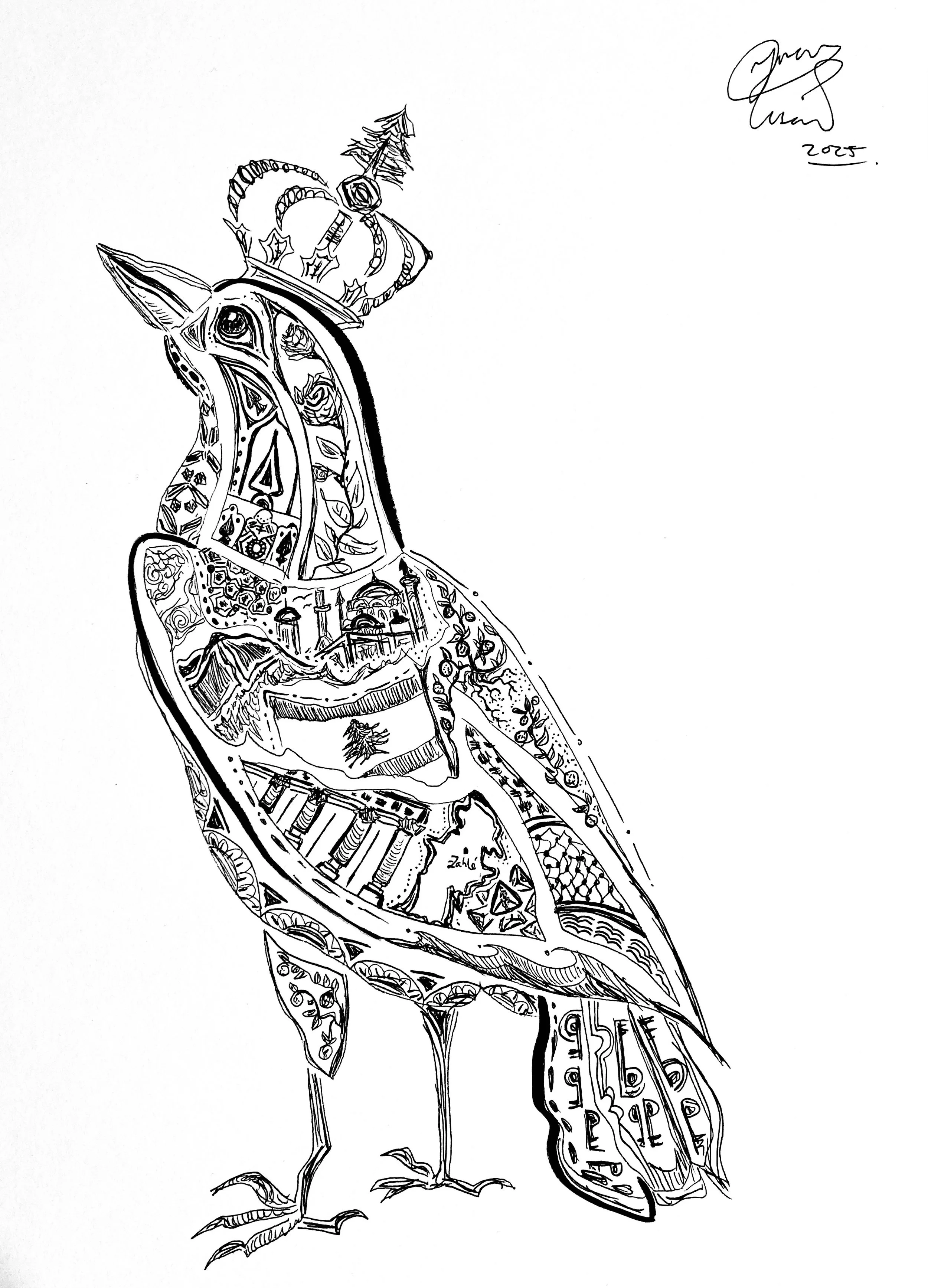 'Queen of Lebanon' for Zeinab Zammar. Ink on paper. 2025. 10 x 9 inches. Filled with images inspired by the Baalbek temple, Mount Lebanon, Mohammed Al Amin Mosque, Lebanese architecture, lemon trees, cedar trees, keffiyeh patterns, and more 