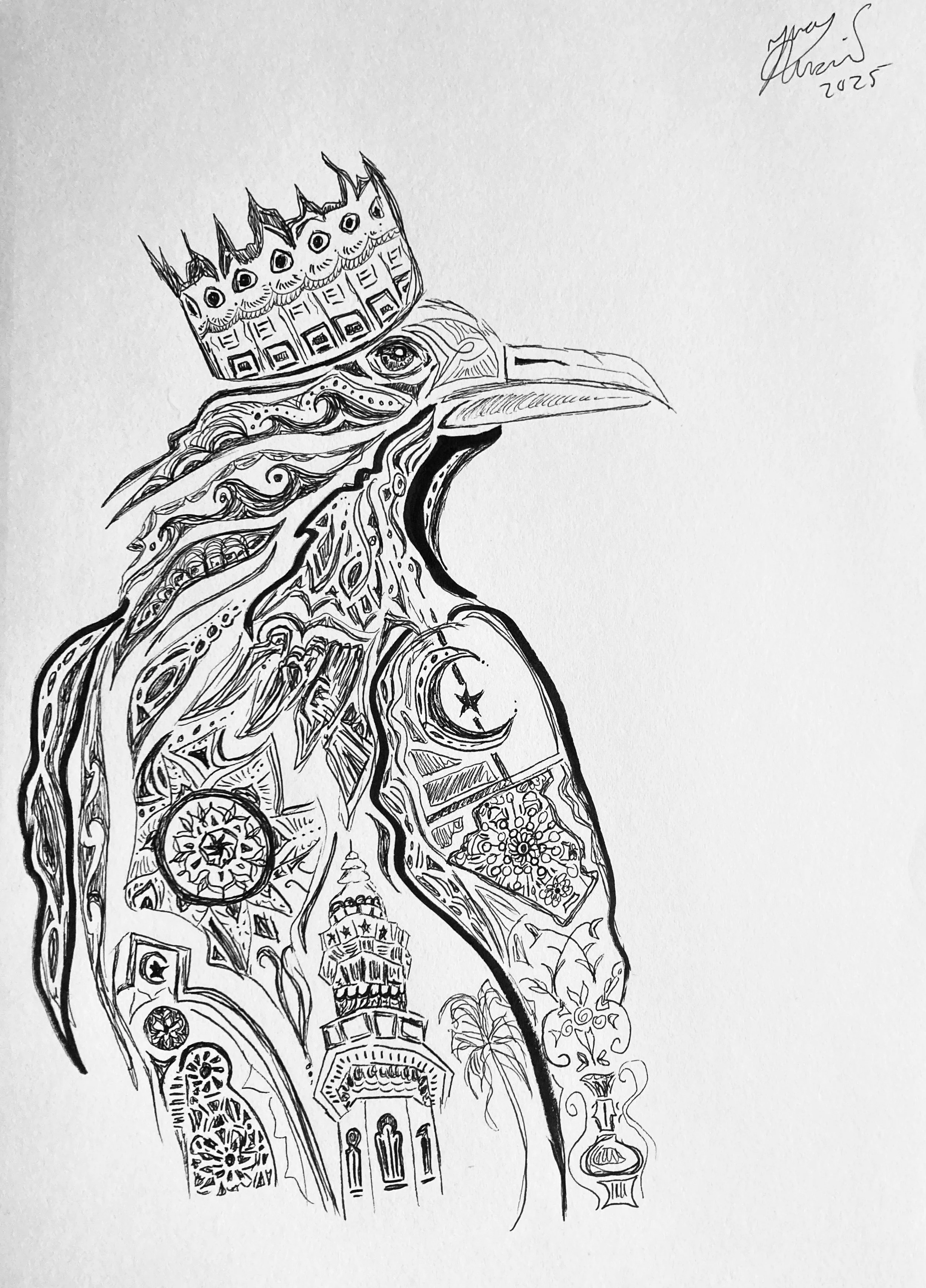 'King of Algeria' for Kamil Zerdoumi. Ink on paper. 2025. 10 x 9 inches. Filled with images inspired by photos from an article called 'Algeria, the 'Balcony of the Mediterranean', including the Kethchaoua Mosque, Fahs residency (18th century) of the 