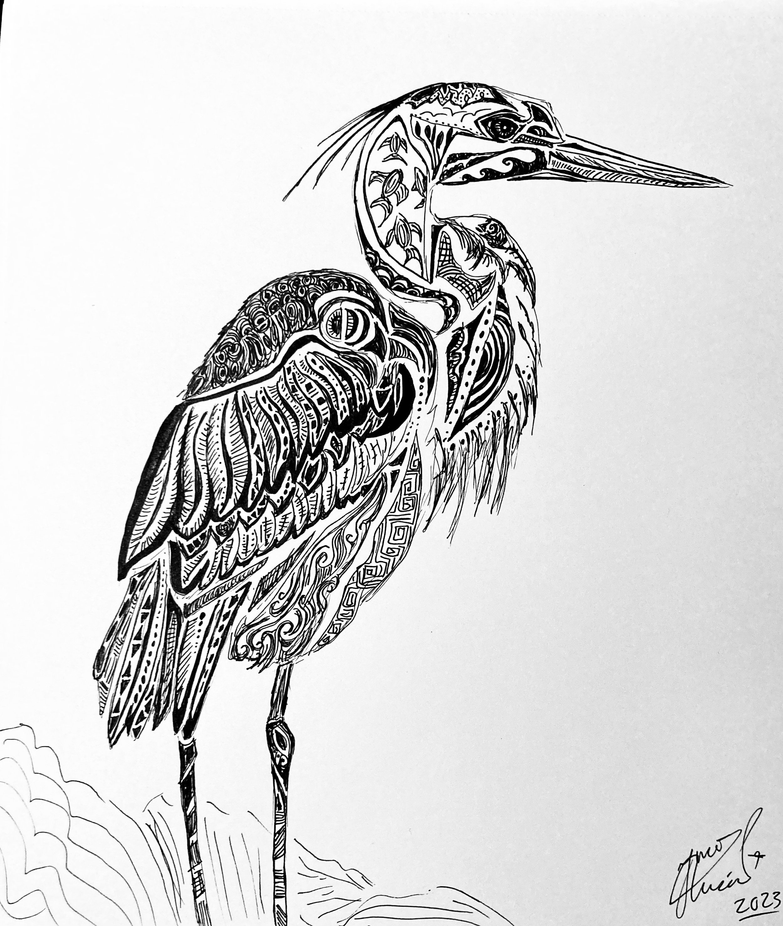 'Waiting for dawn'. Ink on paper. 2023. 10 x 9 inches. 