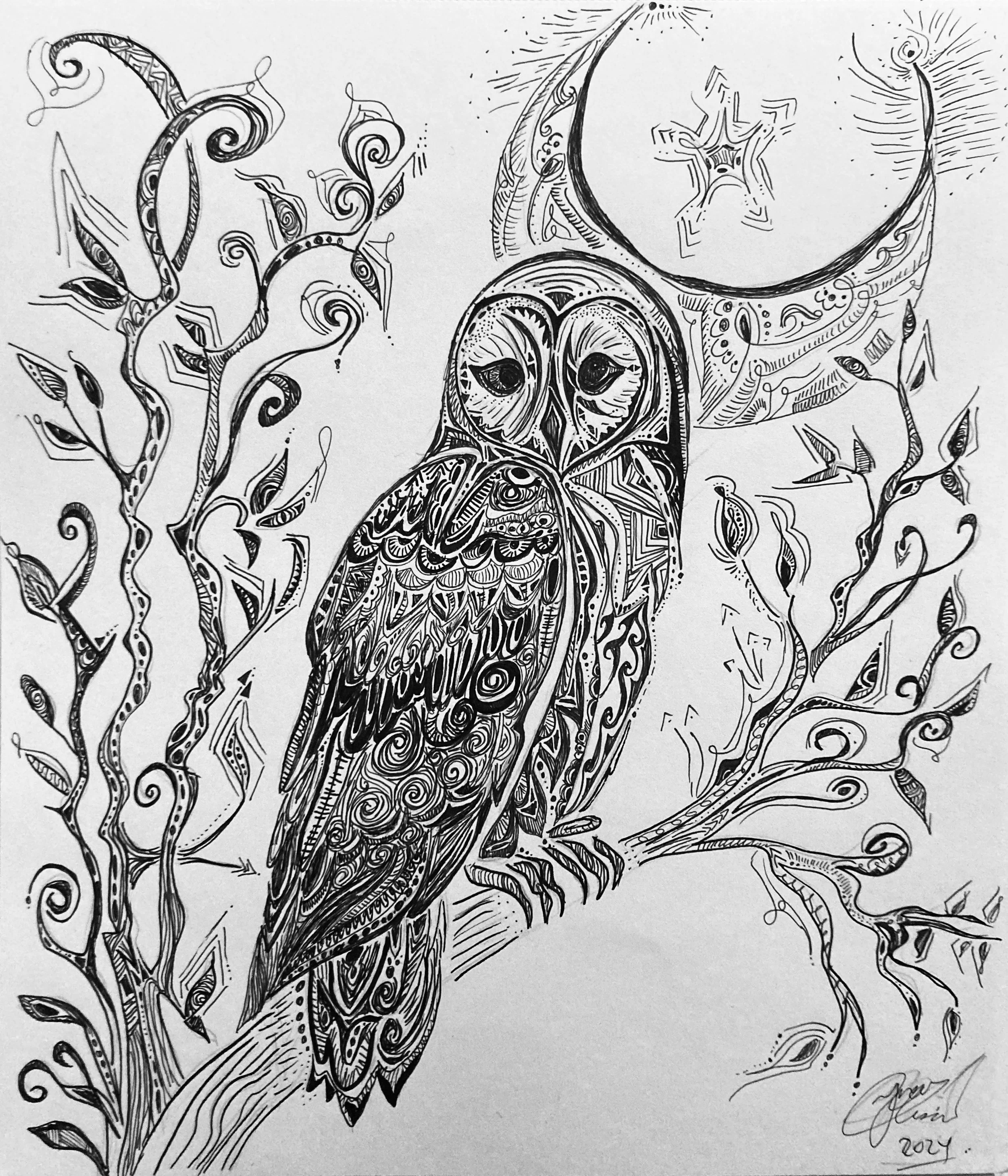 'Sleepy Owl' for Negar Yazdi. Ink on paper. 2024. 10 x 9 inches. Inspired by her love for owls and the moon 