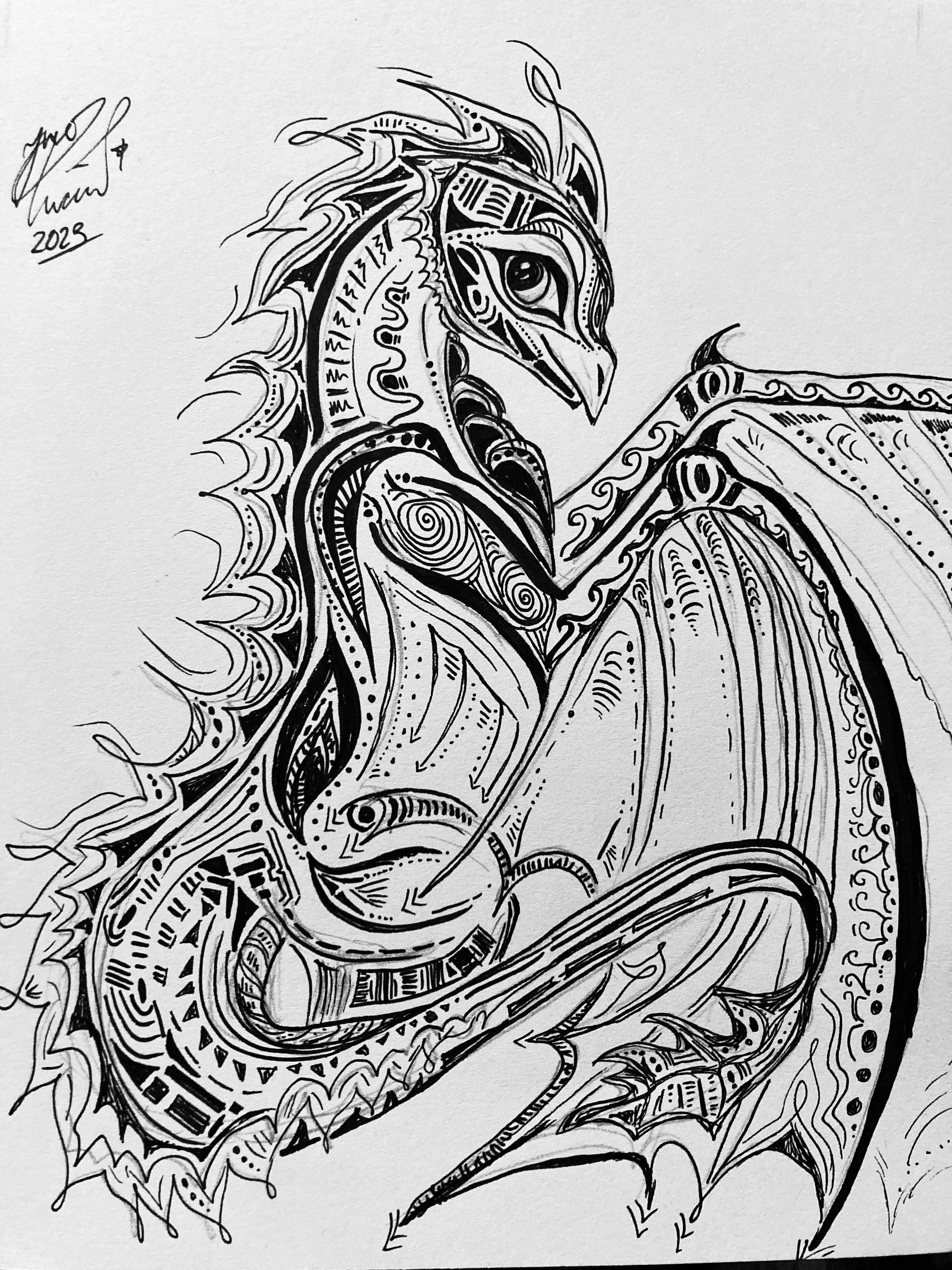 'Dragon' for Amer El Samman. Ink on paper. 2023. 5 x 8 inches. Inspired by dragons by Sandra Staple. 