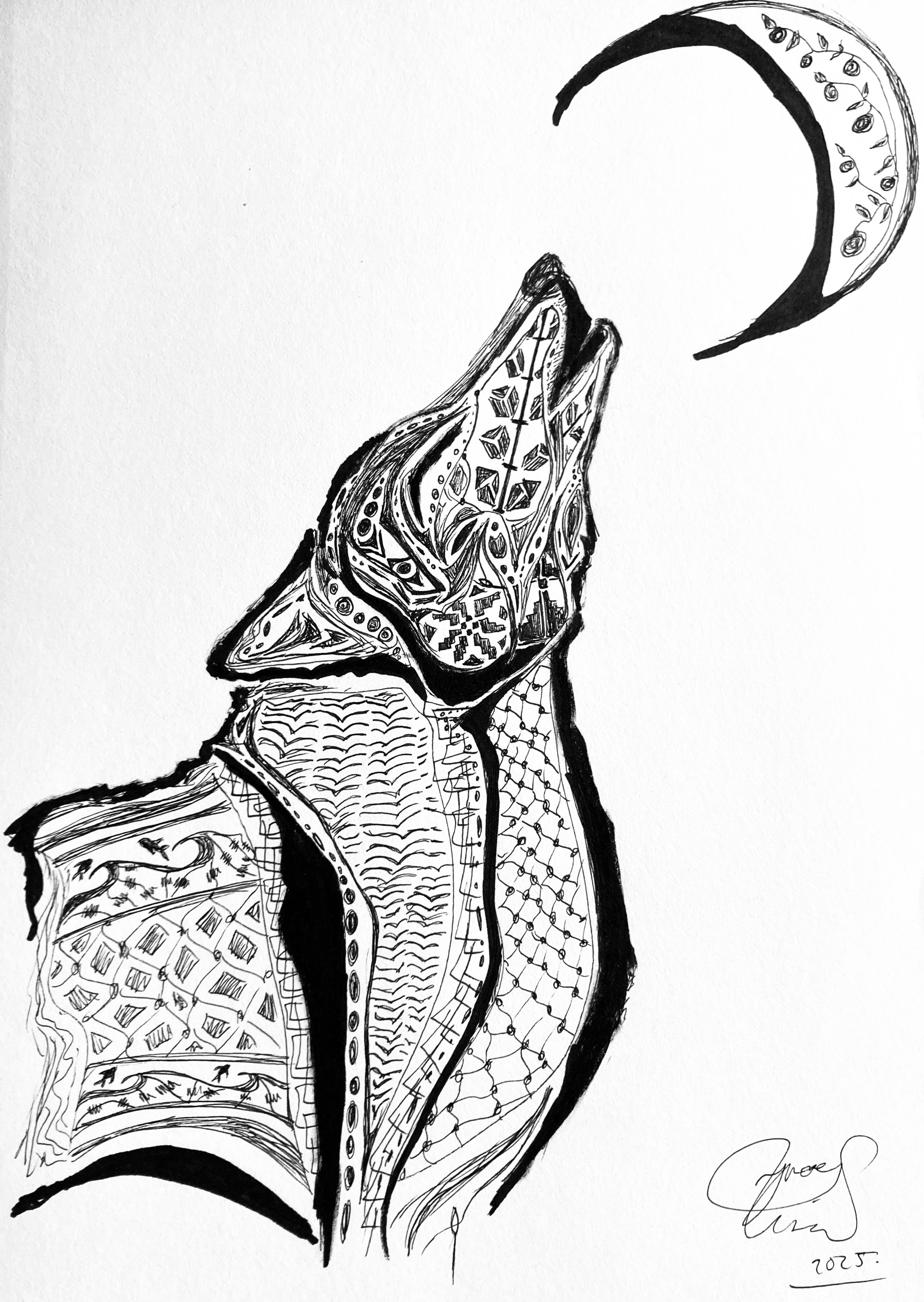 'Wolf' for Bassel Arafat. Ink on paper. 2025. Images inspired by keffiyeh designs, tatreez, and story of a dog in Kuwait. 