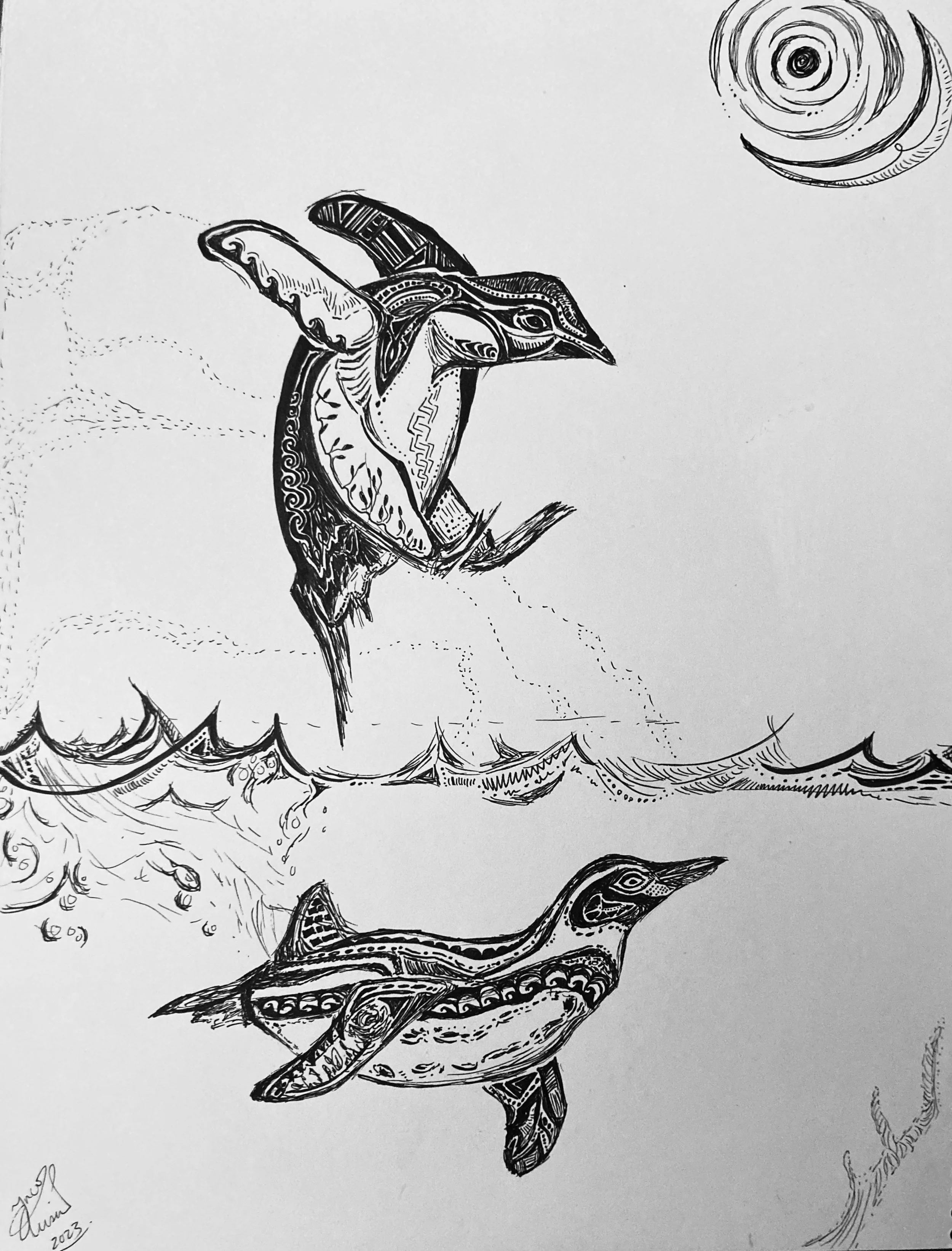 'Penguins' for Heather Silk. Ink on paper. 2023. 11 x 14 inches. 
