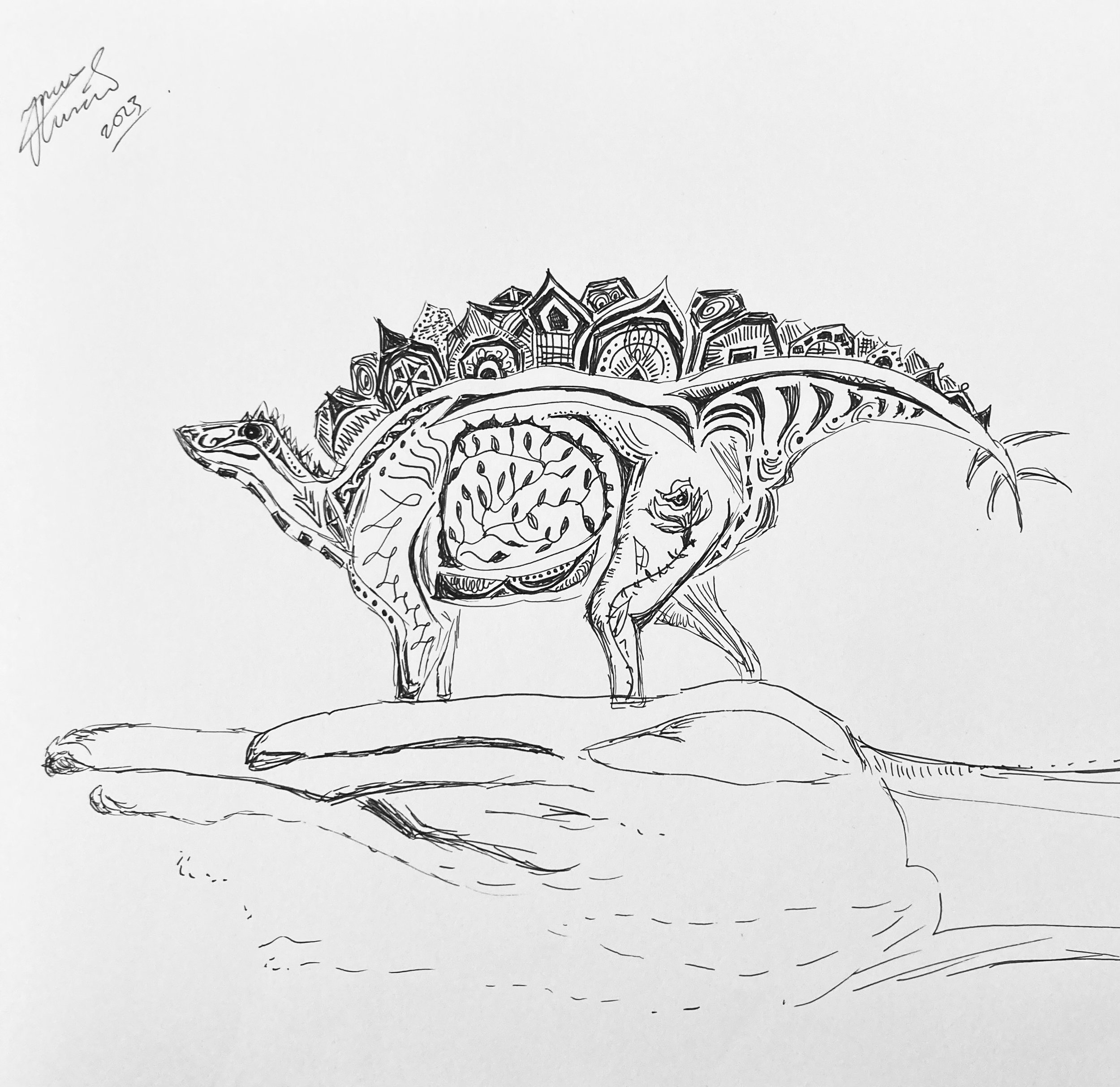 'Stegosaurus in the hand' for Ahsen Malik. Ink on paper. 2023. 10 x 8 inches. 