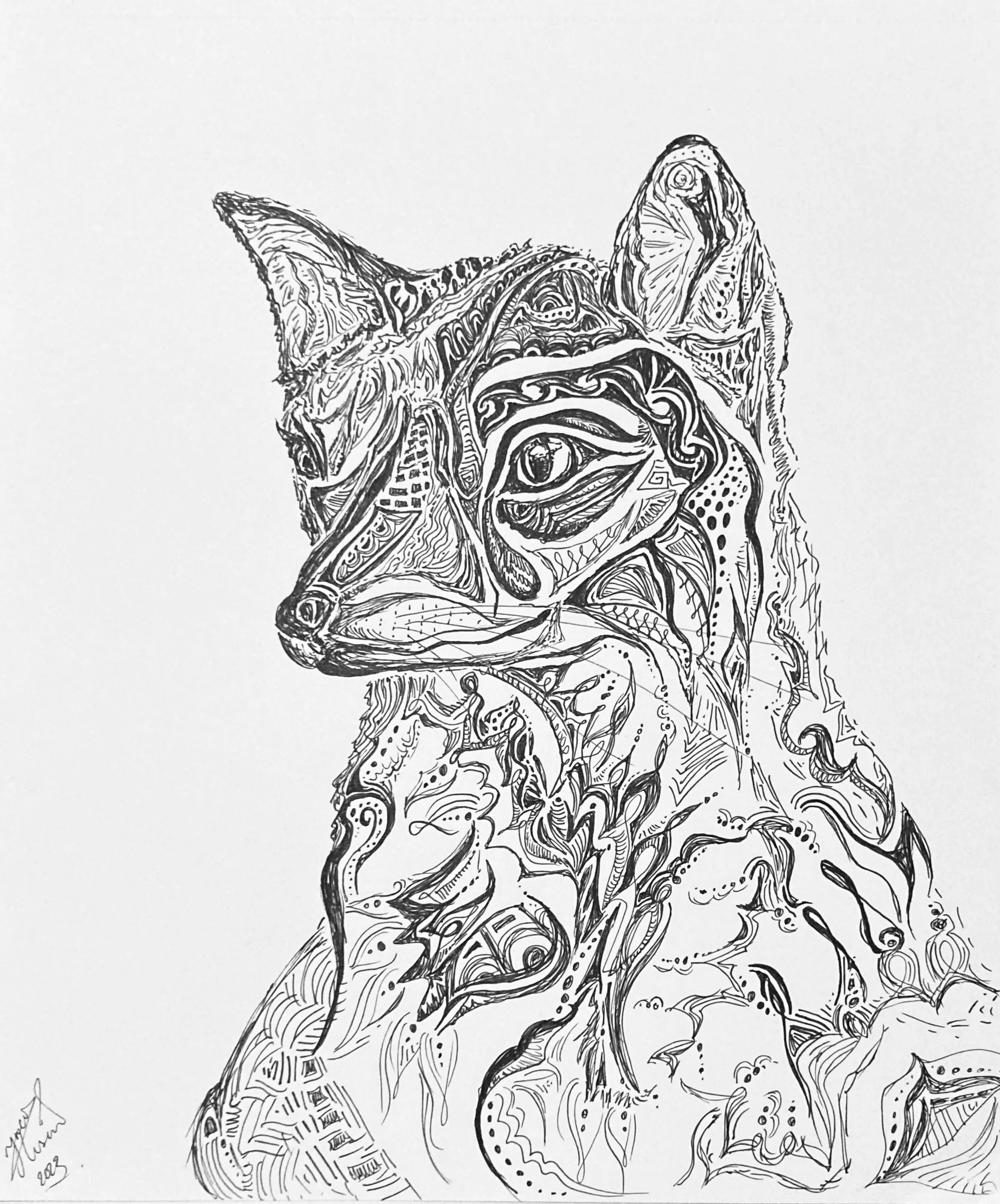 'No more red'. Ink on paper. 2023. 10 x 9 inches. SOLD $50 at Isaac's Way Restaurant.    