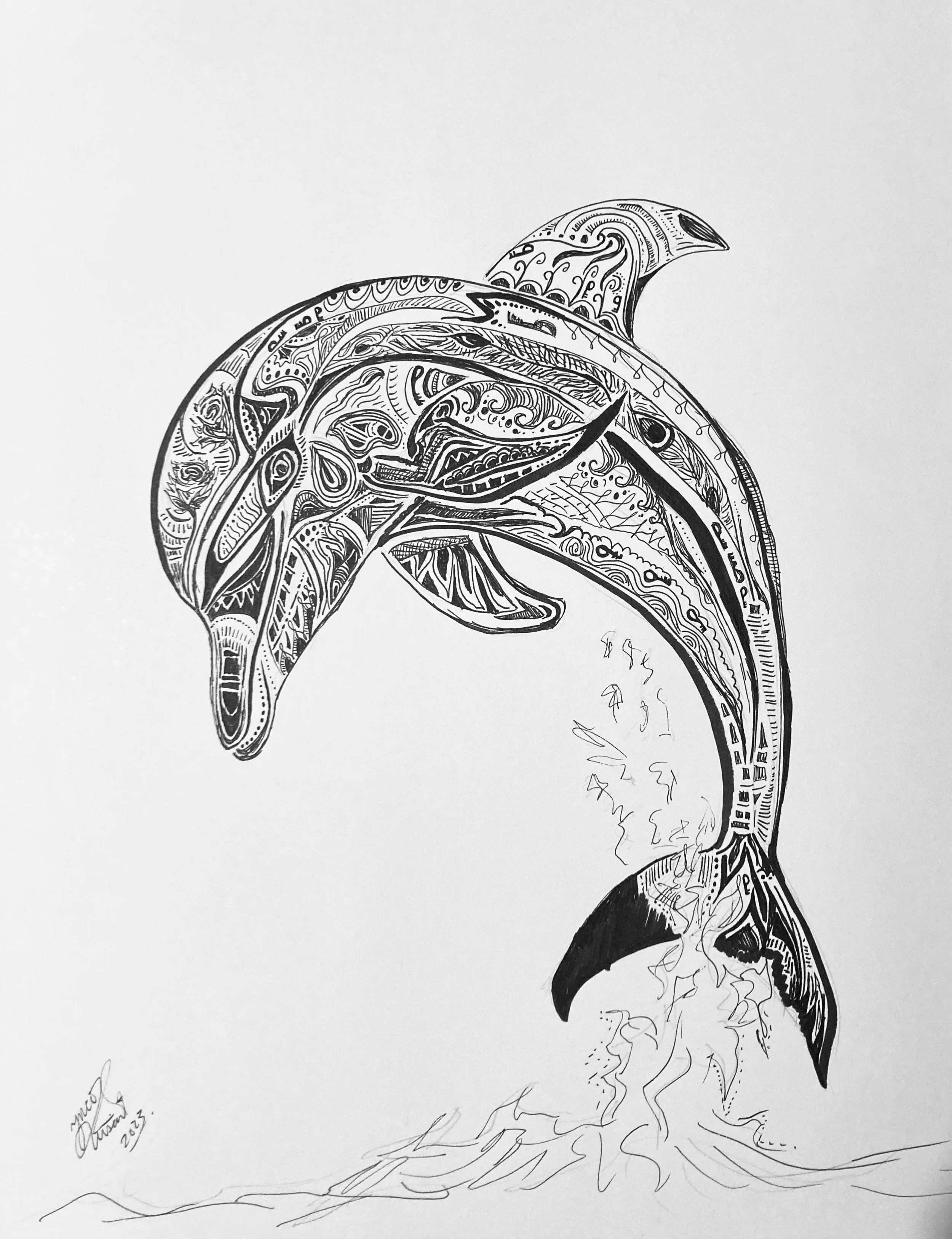 'Dolphin'. Ink on paper. 2023. 10 x 9 inches. SOLD $60.