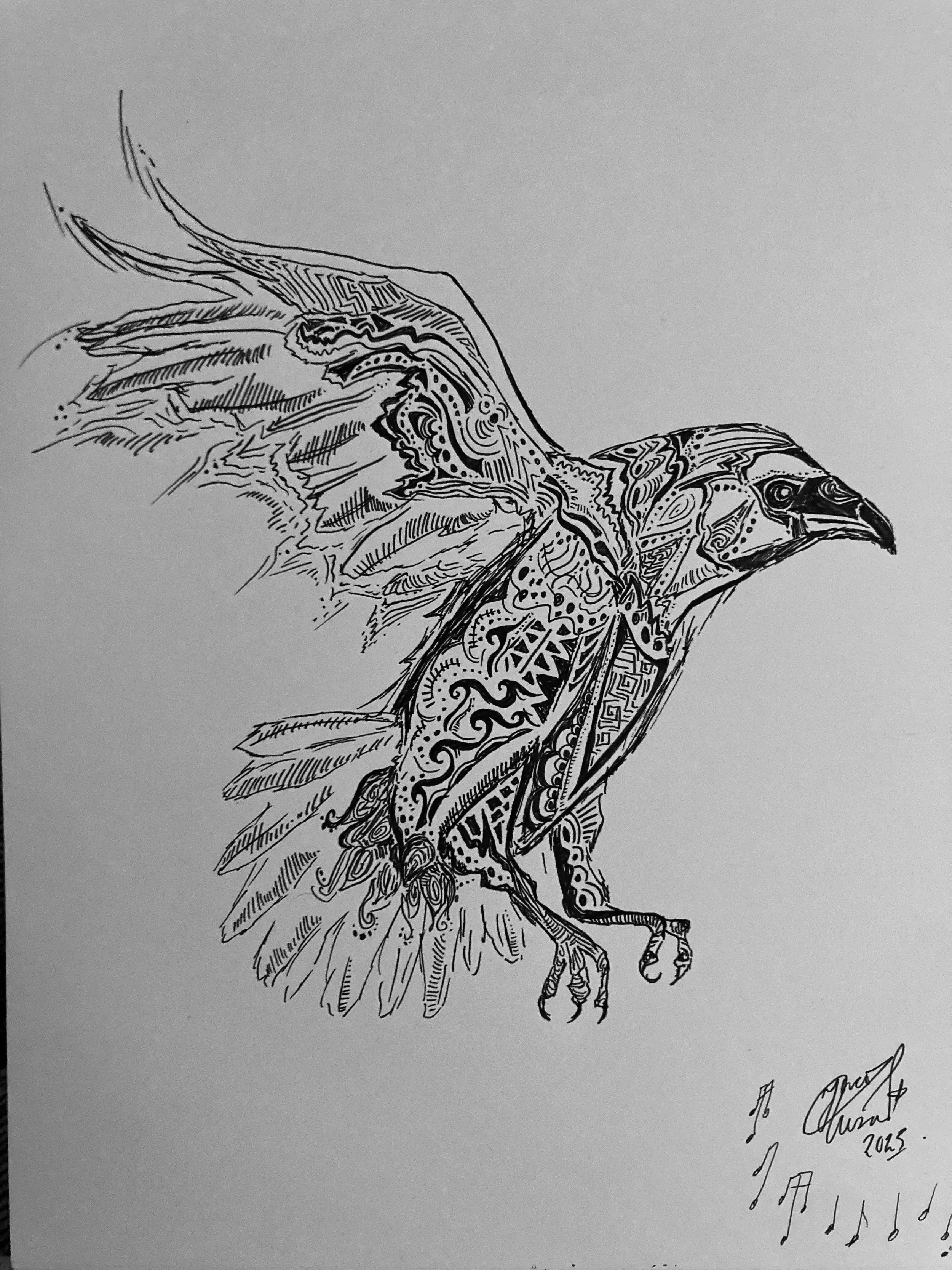 'Flight' for Rebecca Saint-James. Ink on paper. 2023. 9 x 10 inches. Commission-inspiration 