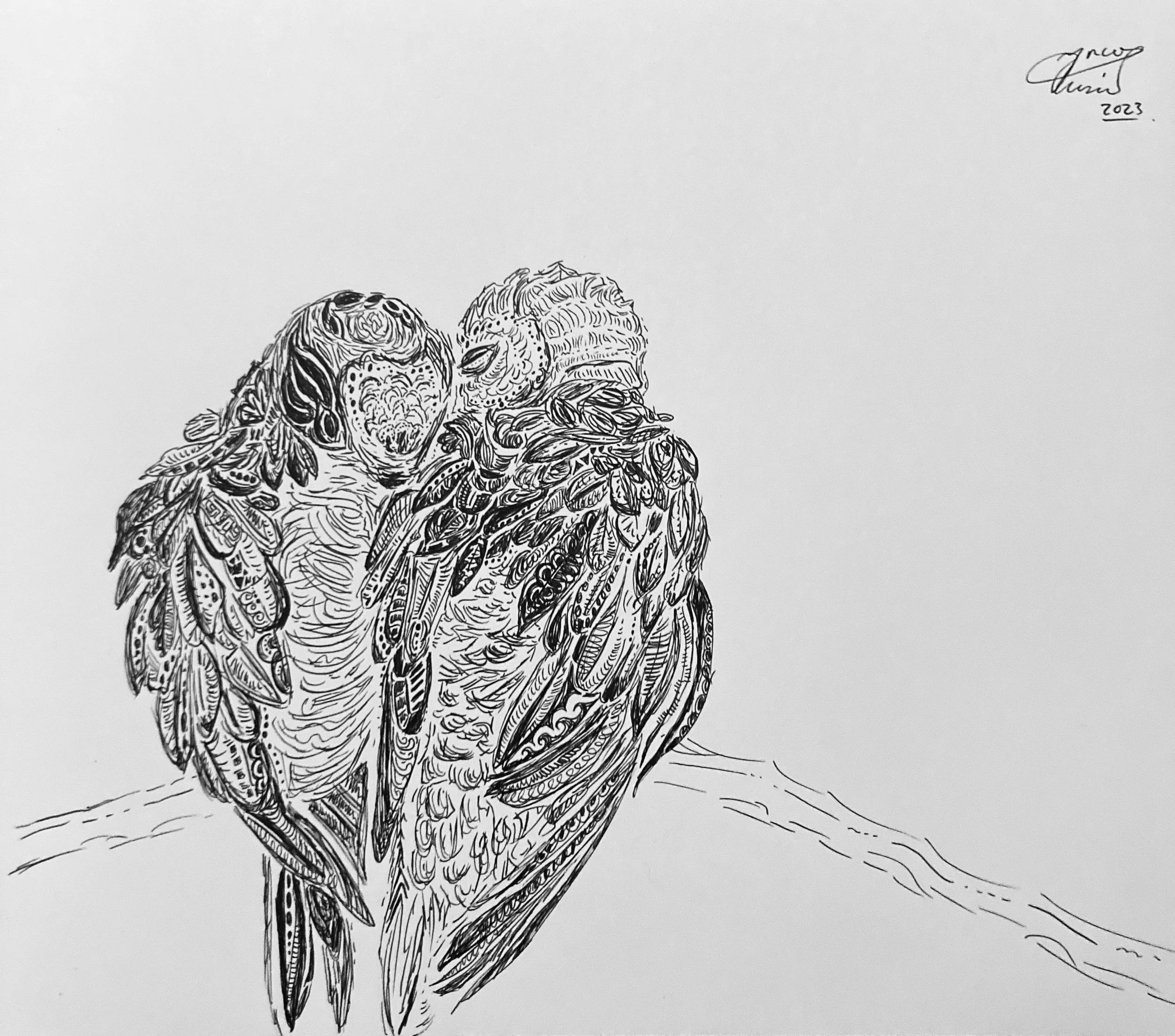 'We're okay'. Ink on paper. 2023. 10 x 9 inches. SOLD $50 at Isaac's Way Restaurant.   