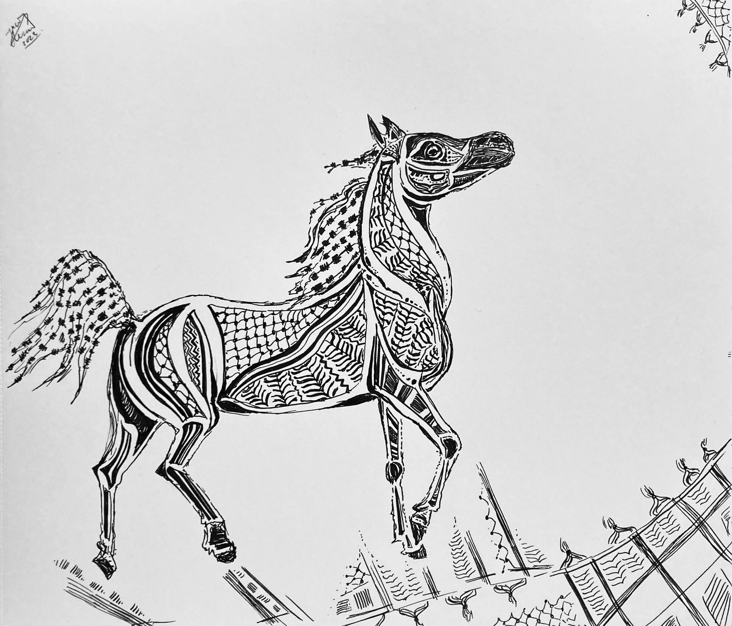 'Yet I Dance'. Ink on paper. 2023. 10 x 9 inches. SOLD $65. Accompanies article 'Remembering the Soul of Falasteen Art Night' (January 2025).