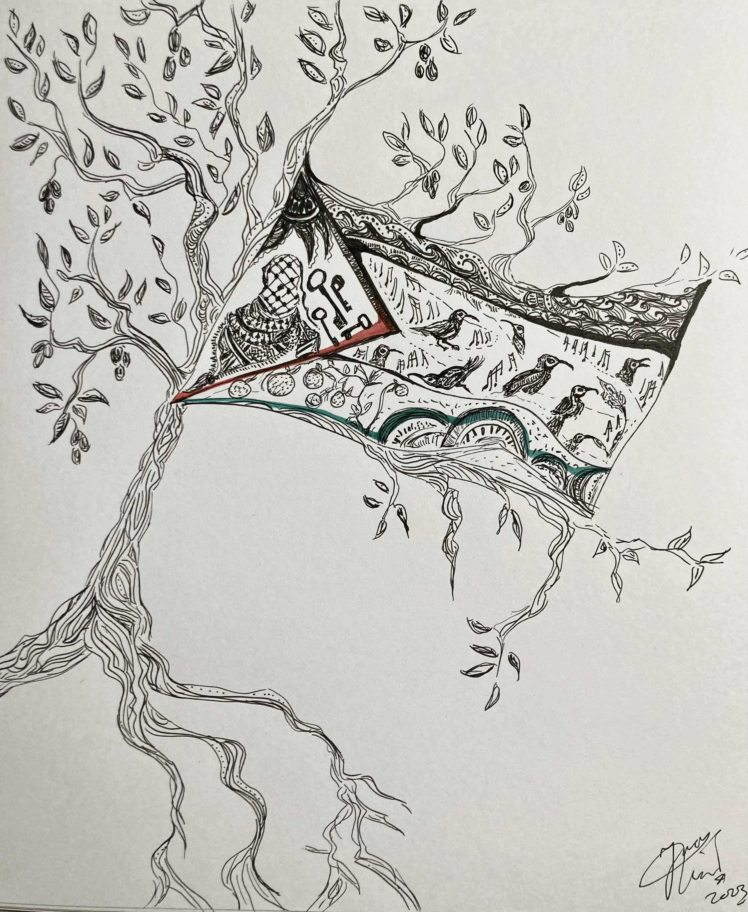 Palestine flag. Ink on paper. 2023. 10 x 8 inches. 
Accompanies the articles 'Listen to the voices of Palestine' (2023) and '“You Will Not Kill Our Imagination”: Palestinian writer Saeed Teebi’s book launch at Western University' (February 2026). 