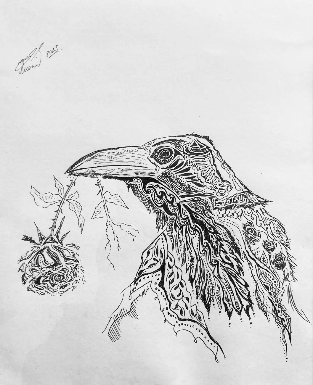 'I come bearing gifts'. Ink on paper. 2023. 10 x 9 inches. 
