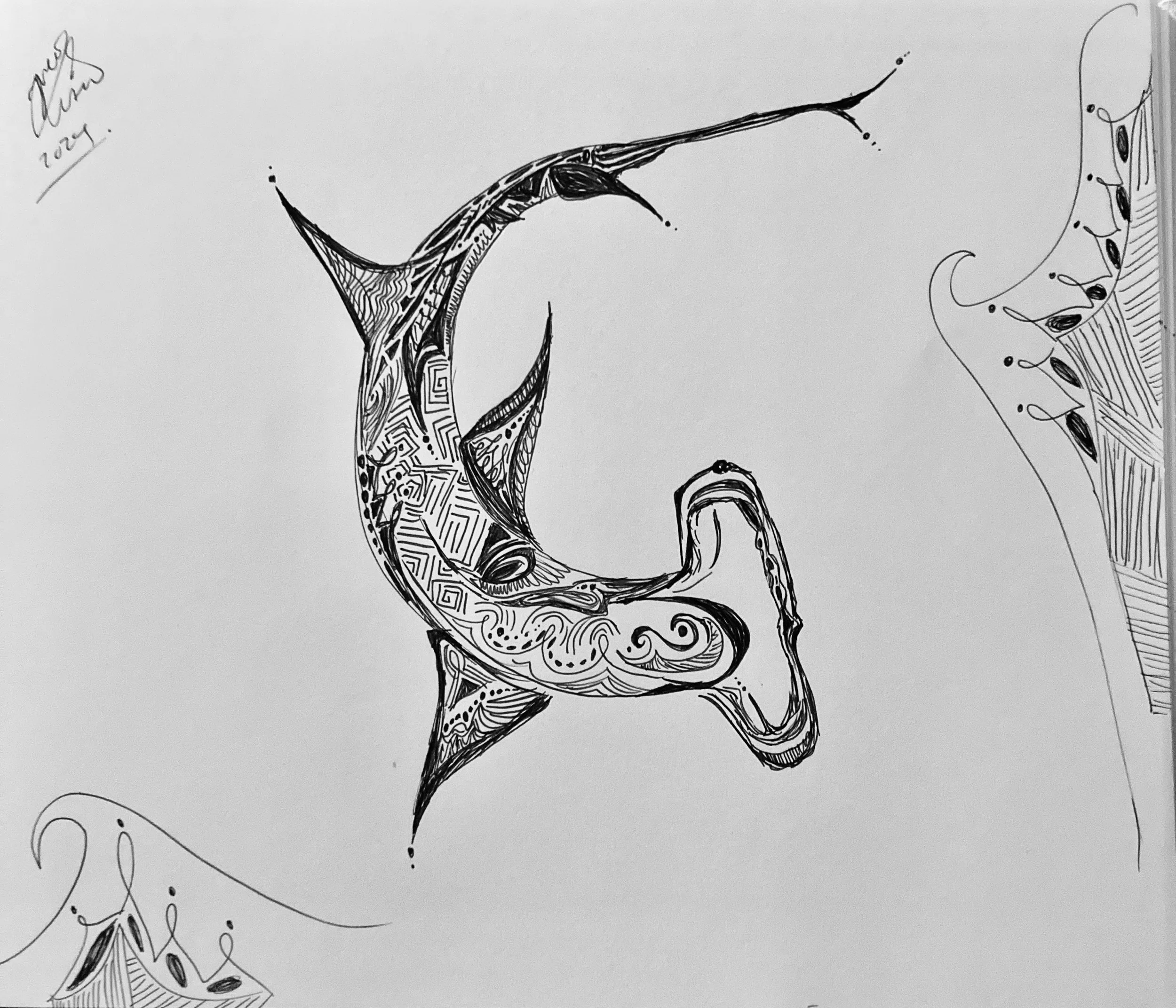 'Hammerhead' for Julia Cunningham. Ink on paper. 2024. 9 x 10 inches. 