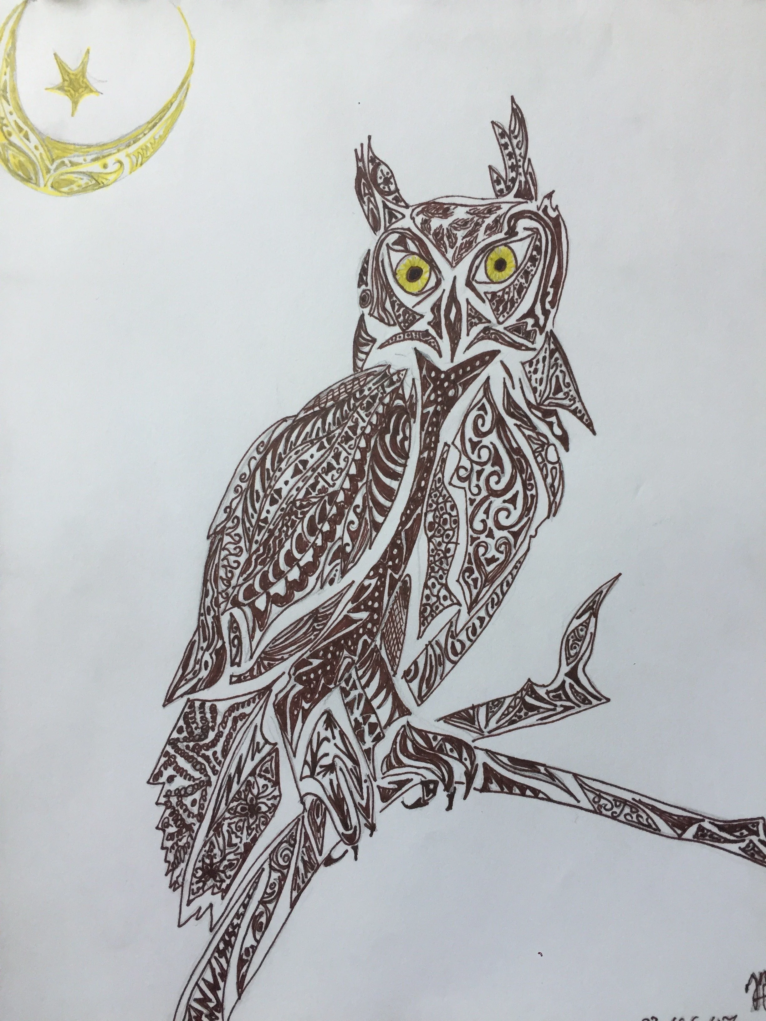 'Night owl'. Ink on paper. 2017. 10 x 9 inches. 