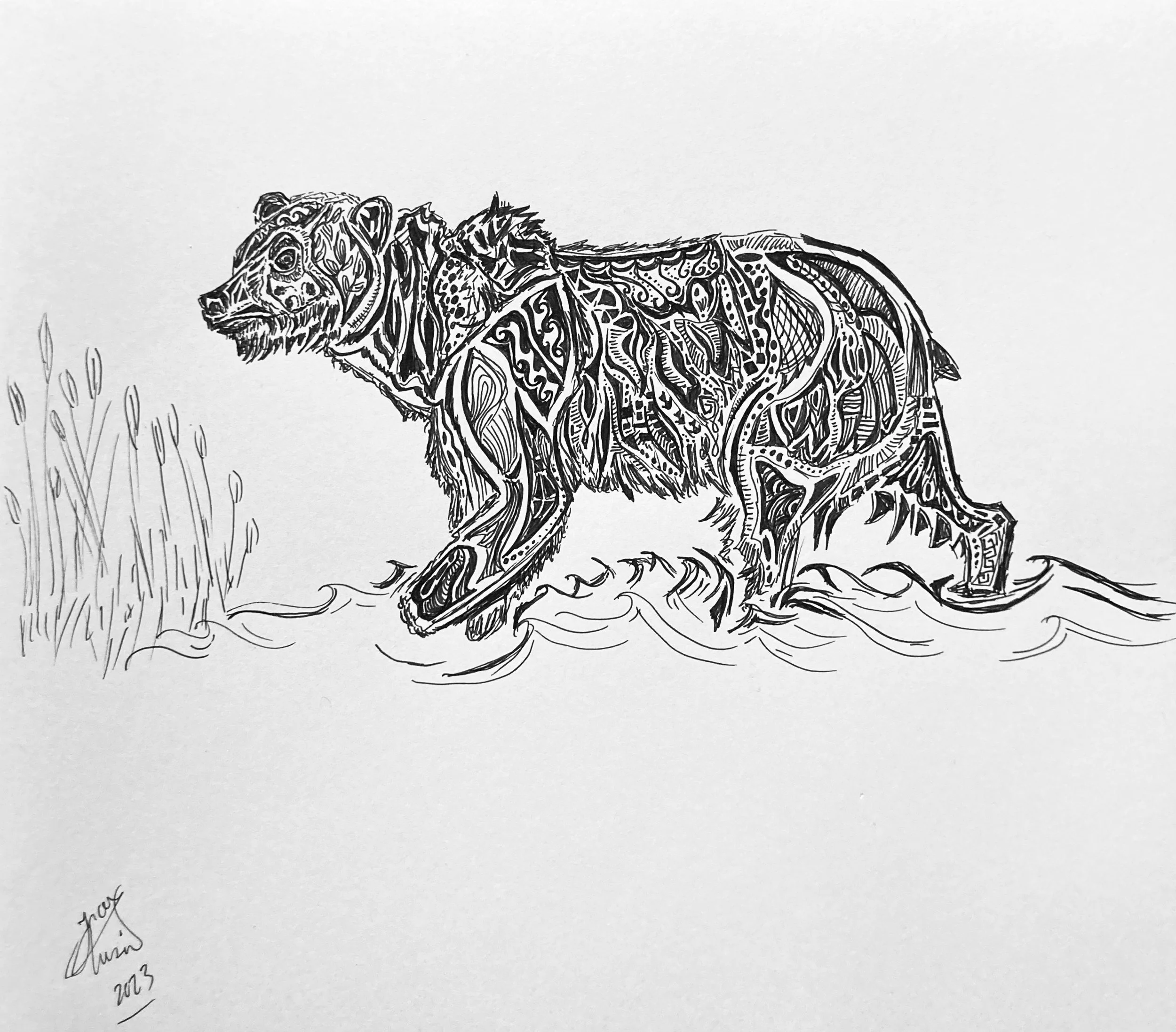 'No more fish'. Ink on paper. 2023. 10 x 9 inches. SOLD $80 at Isaac's Way Restaurant.  