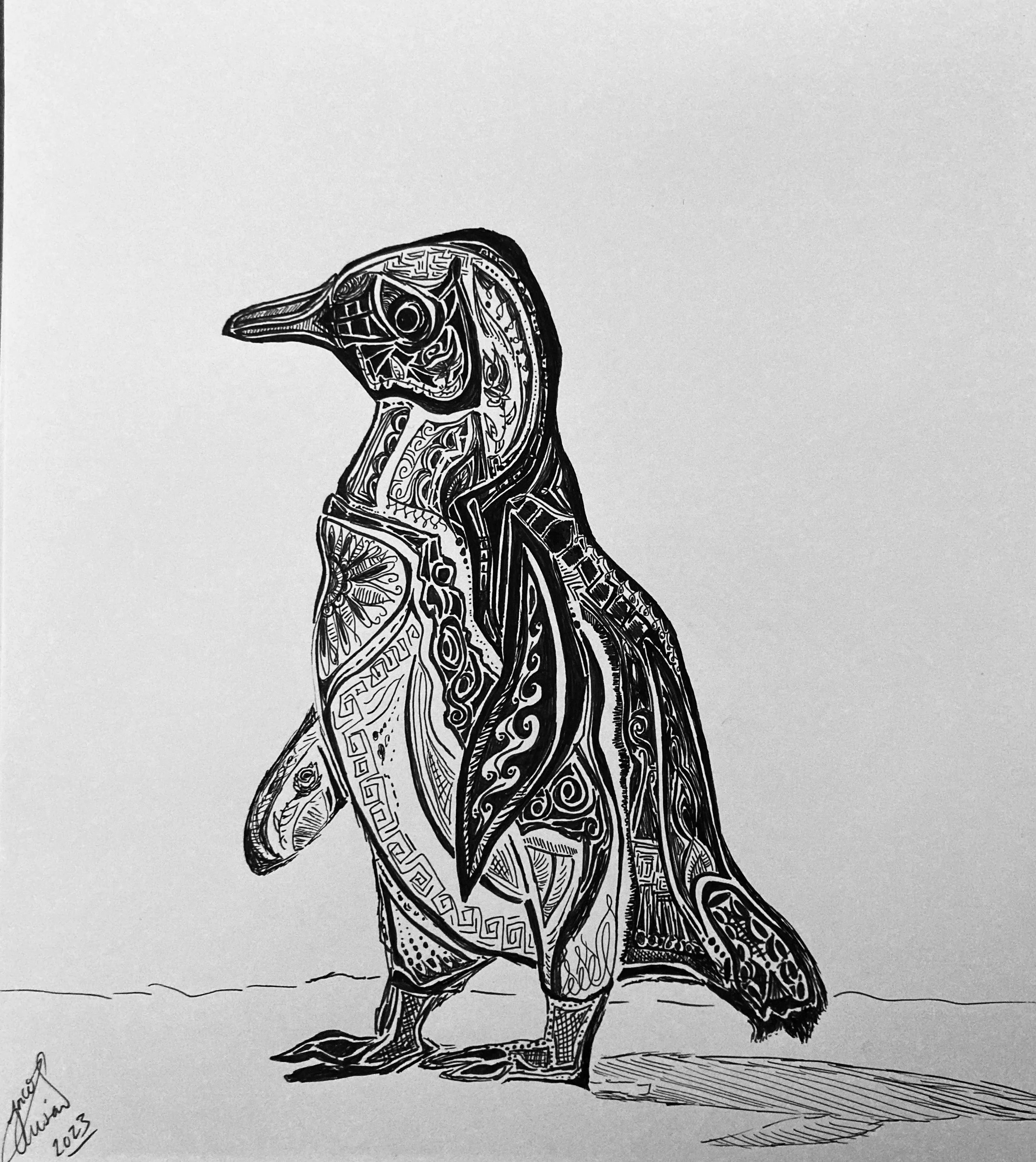 'Where's all the snow?'. Ink on paper. 2023. 10 x 9 inches. SOLD $85 at Isaac's Way Restaurant.   