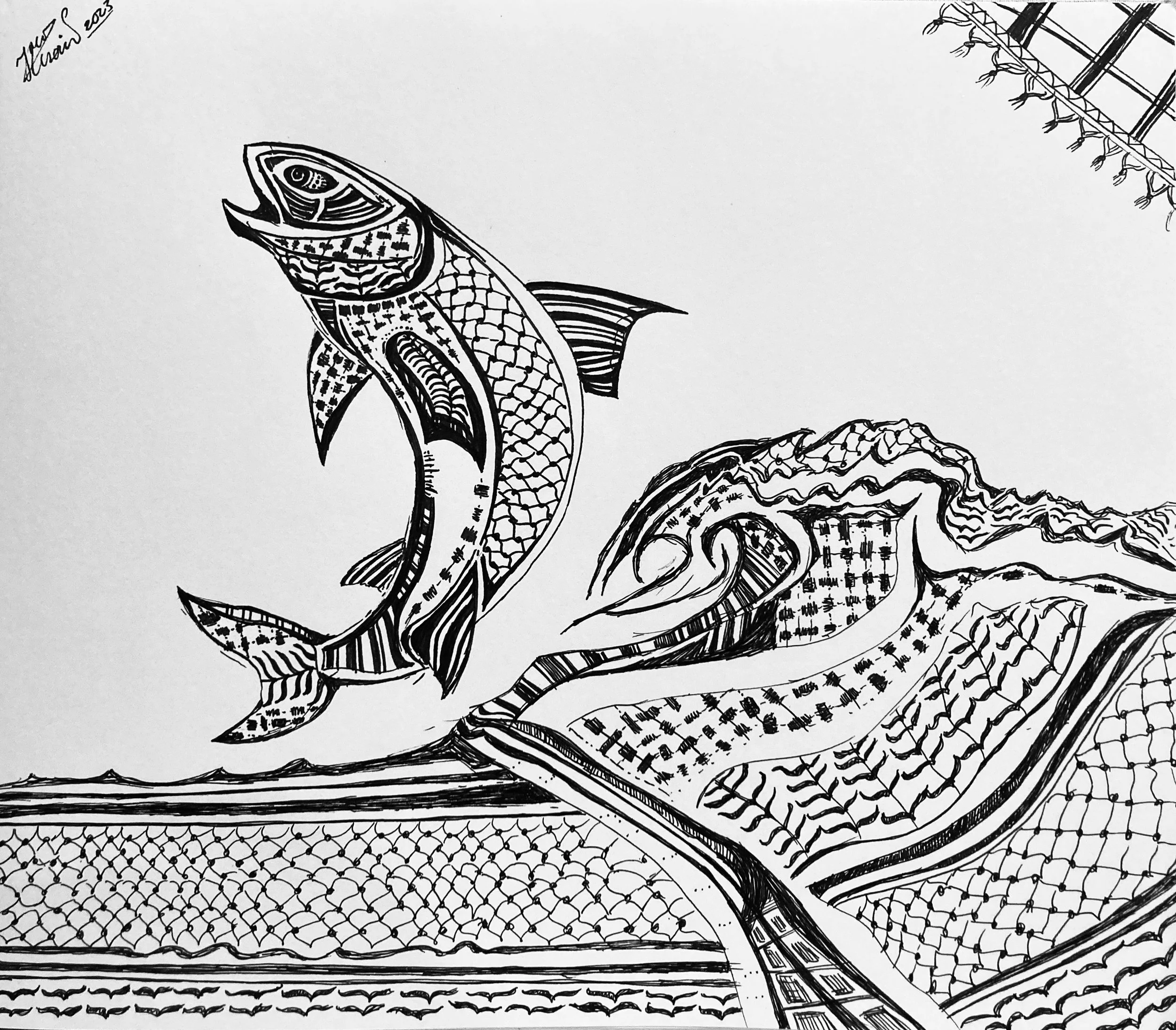 'From the river to the sea'. Ink on paper. 2023. 10 x 9 inches. Accompanies article 'Young Israeli dissidents: "Do anything you can to stop the genocide"' (March 2025).