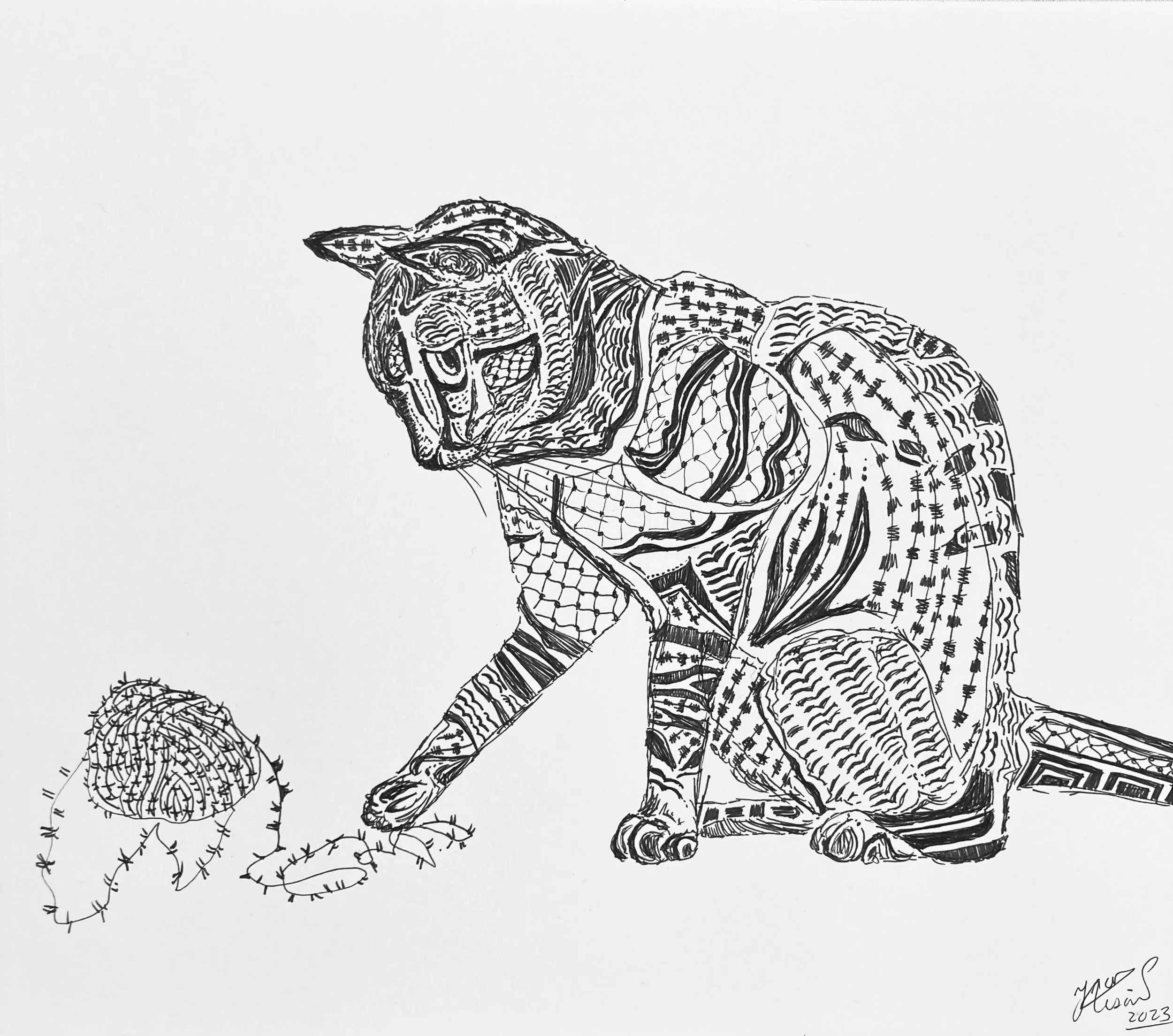 'Can I unravel it?'. Ink on paper. 2023. 10 x 9 inches. Accompanies article 'Get to know Fredericton's six active Palestine solidarity groups' (April 2024).