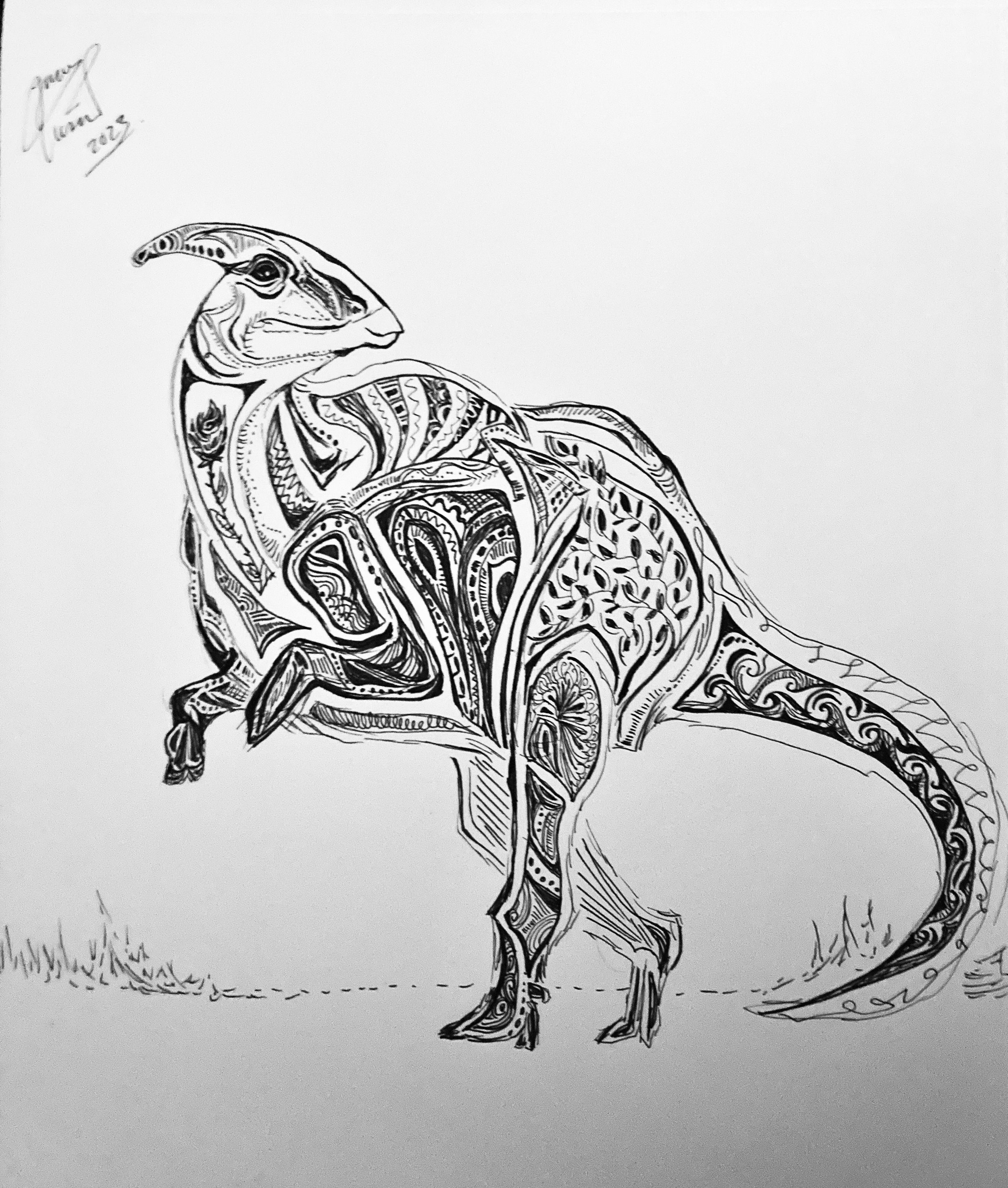 'Parasaurolophus' for Saad Malik. Ink on paper. 2023. 10 x 8 inches. 