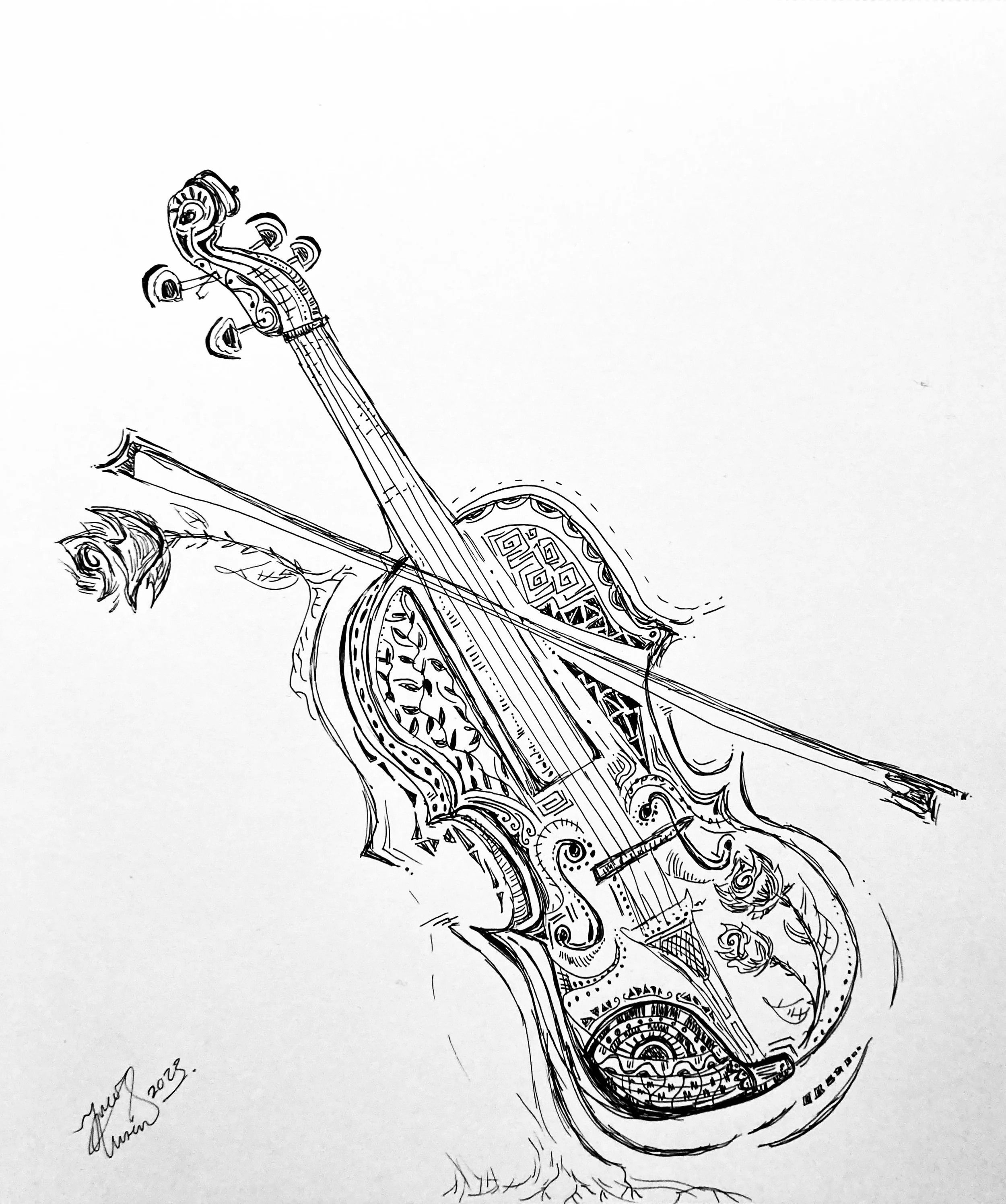 'Violin' for Insia Malik. Ink on paper. 2024. 10 x 9 inches. Inspired by her music and craft 