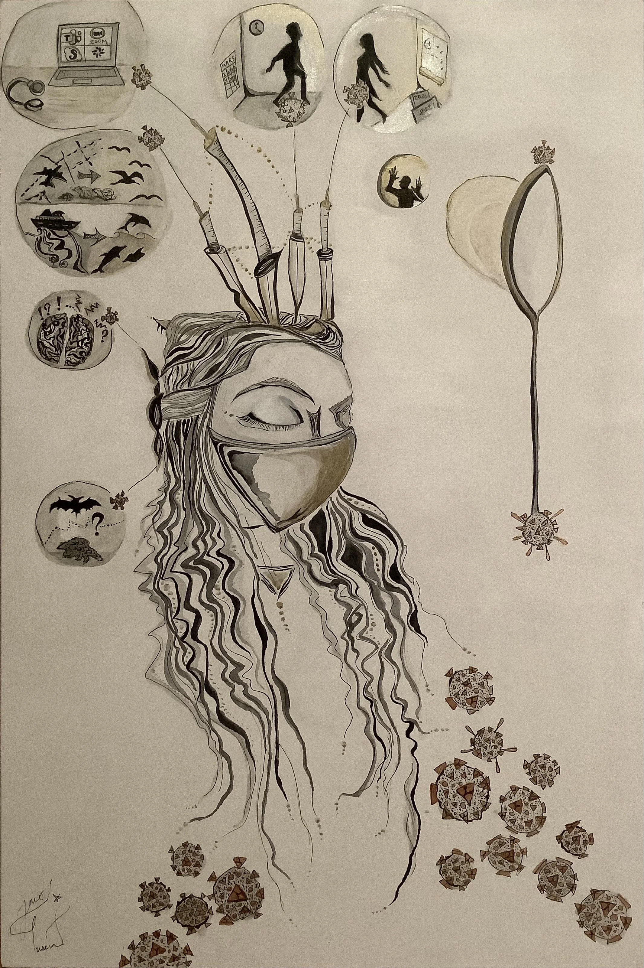 'Pandemic princess'. Paint on wooden board. 2021. 20 x 30 inches. SOLD $500. Filled with images of pandemic: viruses, syringes, bubble wand blowing isolation bubbles depicting scenes of solitude, online meetings, newly thriving wildlife, potential di
