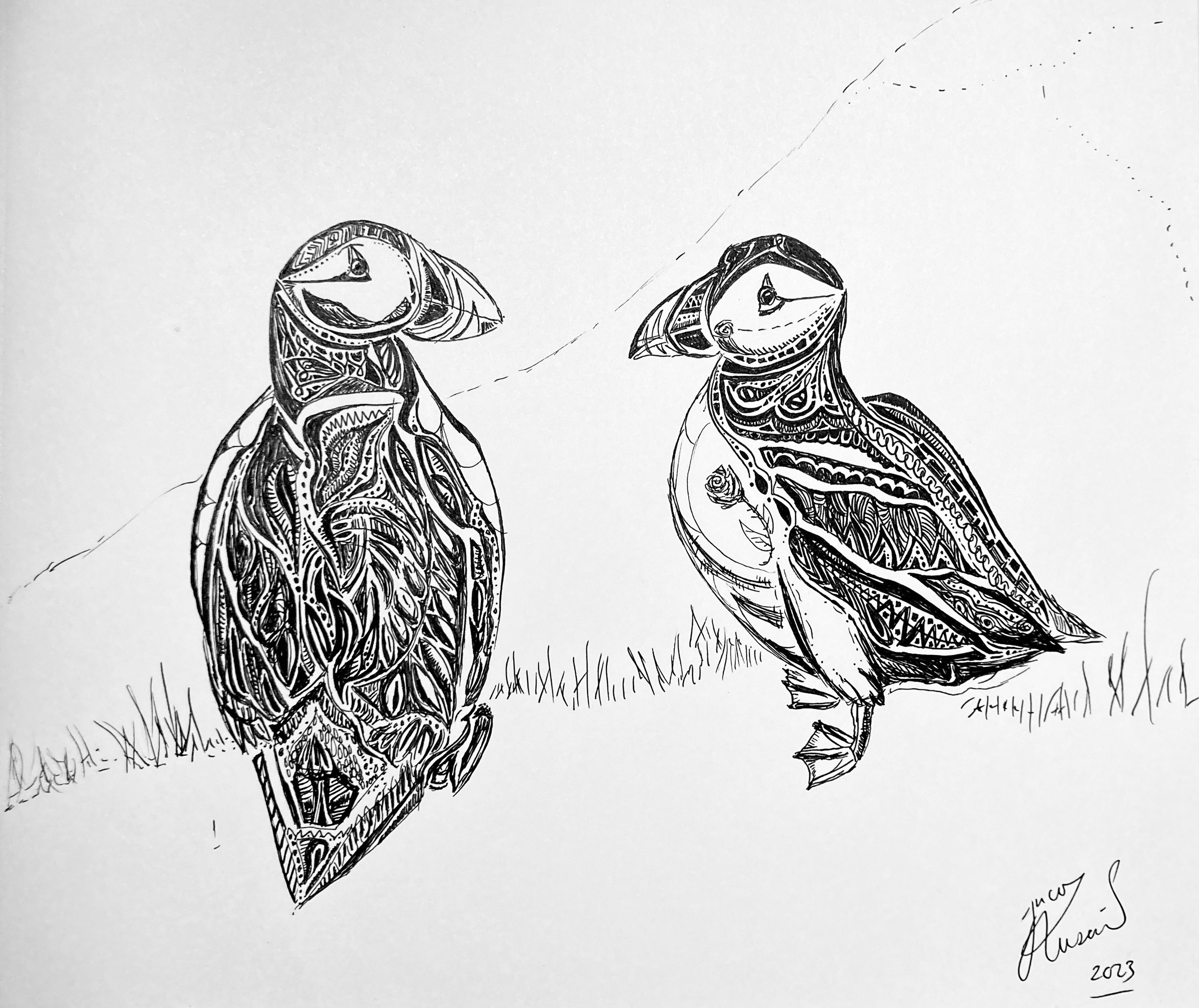 'Chit Chat?'. Ink on paper. 2023. 10 x 9 inches. SOLD $40 at Isaac's Way Restaurant. 