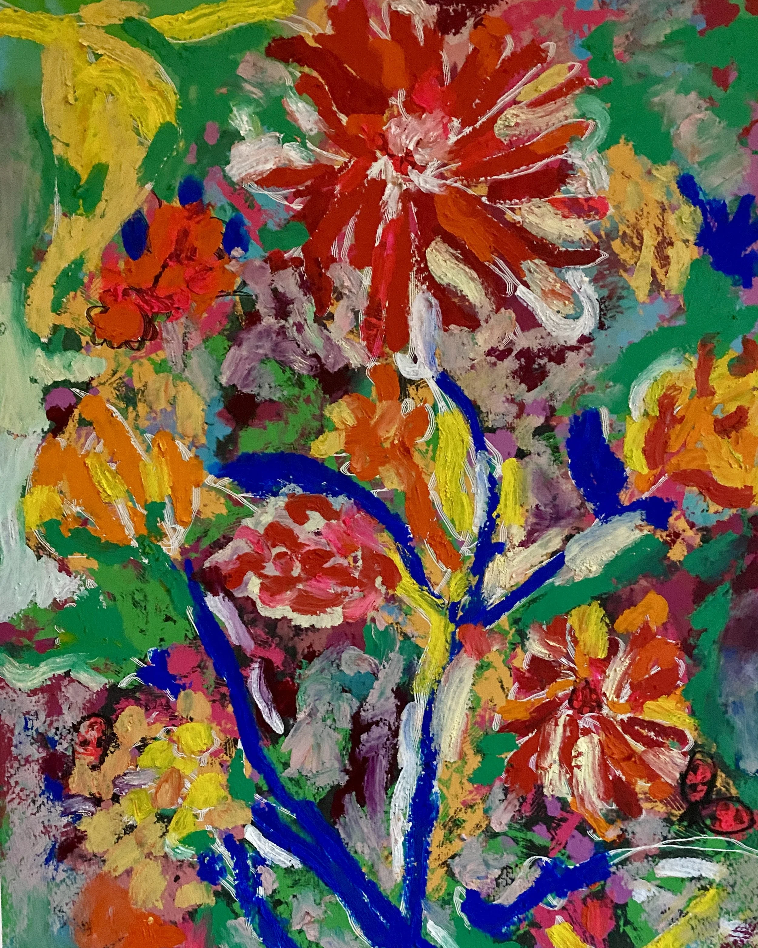 Ladybugs Floral Symphonies, oil stick and pigment inks on paper, 12x16 inches. Protect and shield me. Ladybird carry my hope waking the dawn.