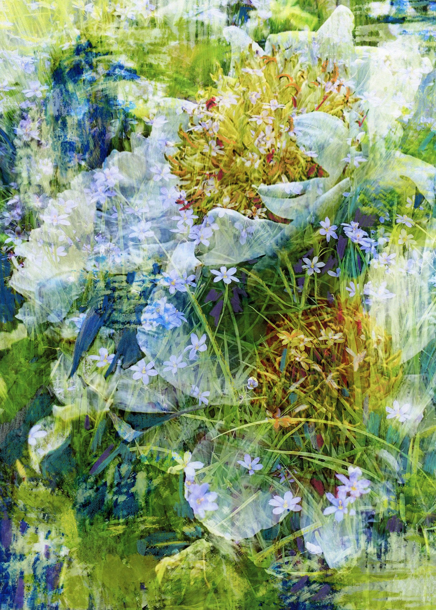 Abstract layered image of various green, yellow, purple, and white flowers and leaves creating a textured floral pattern.