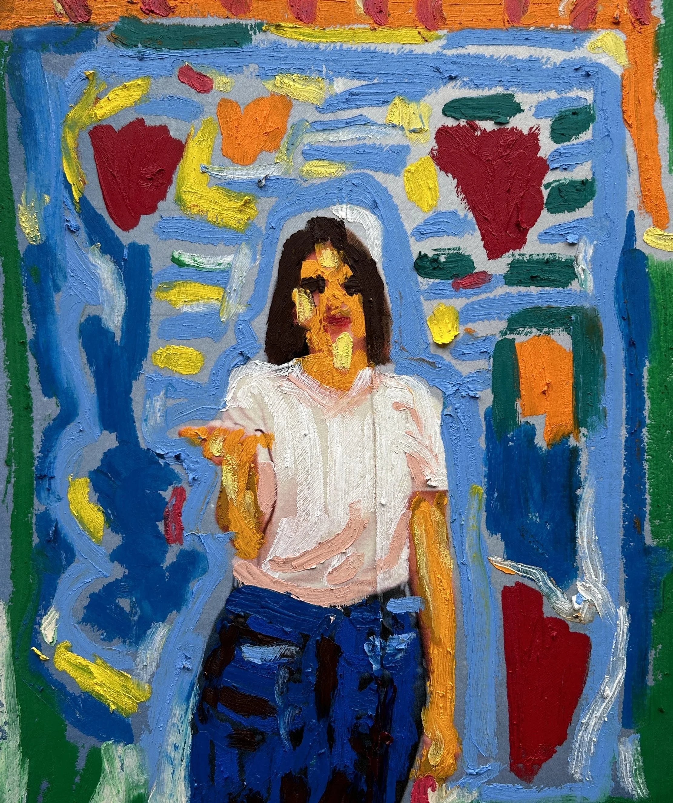 Reclaimed Past, oil stick on photograph, 8x10 inches, Now I am happy. Yellow and red tulips fill Dutch gray skies with blue.