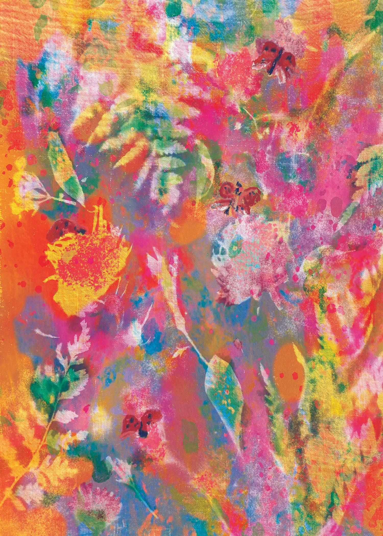 Abstract, colorful painting with shades of pink, orange, yellow, green, blue, and purple, featuring butterflies and floral shapes.