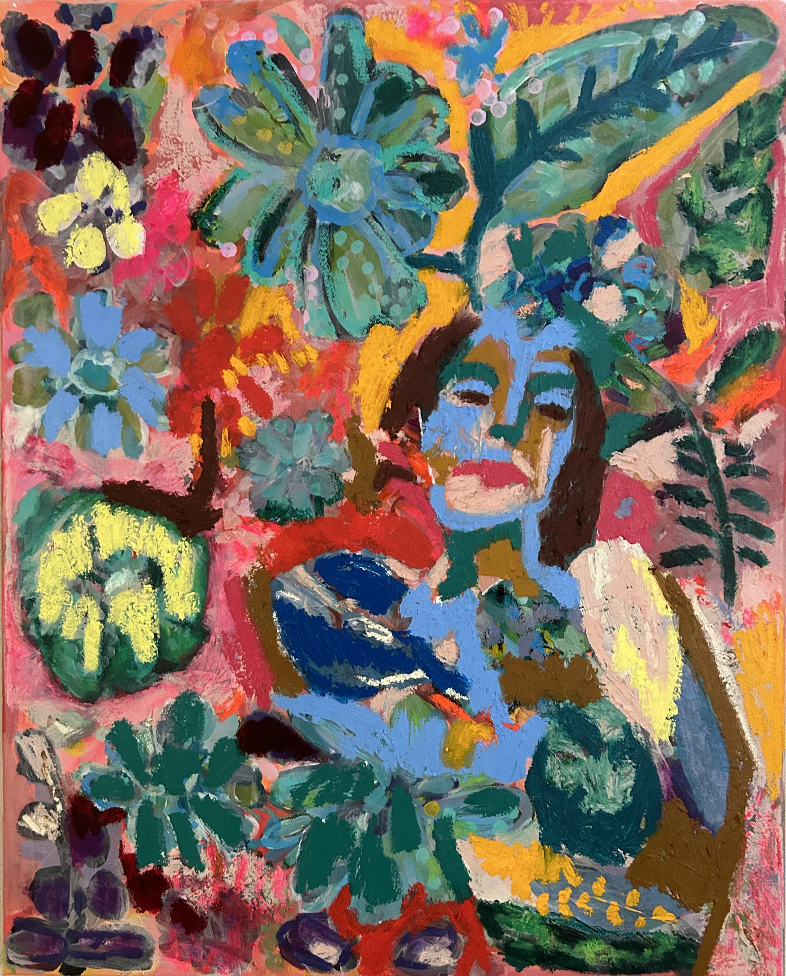 Breath of Life, acrylic, collage and oil stick on canvas, 24x30 inches. Breathing in deeply. Forbidding regret exhales. Up comes the vista.