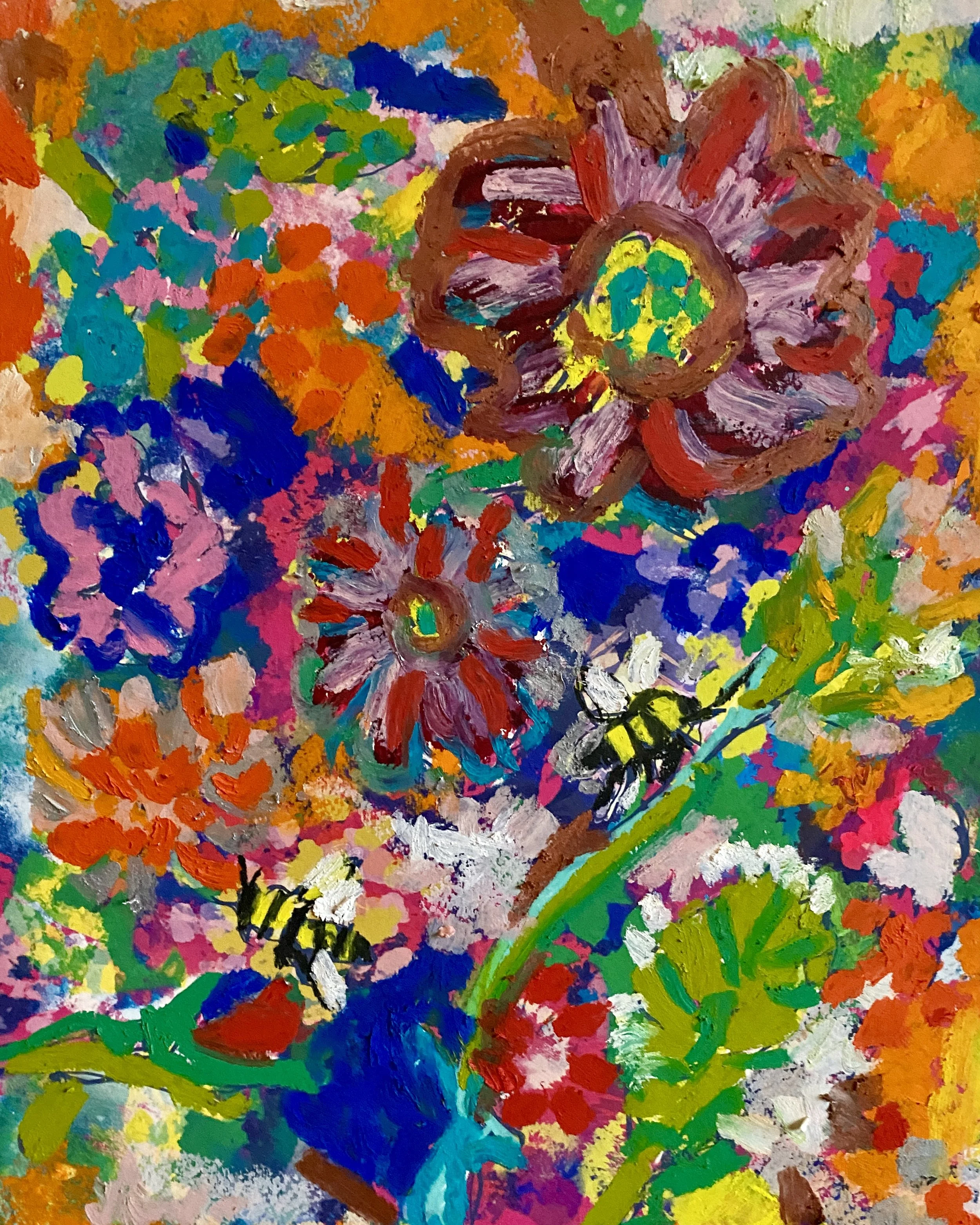 Honeybees Floral Symphonies, oil stick and pigment inks on paper, 12x16 inches. Strokes of bright pigment hovers florescent verdant water and sunshine.
