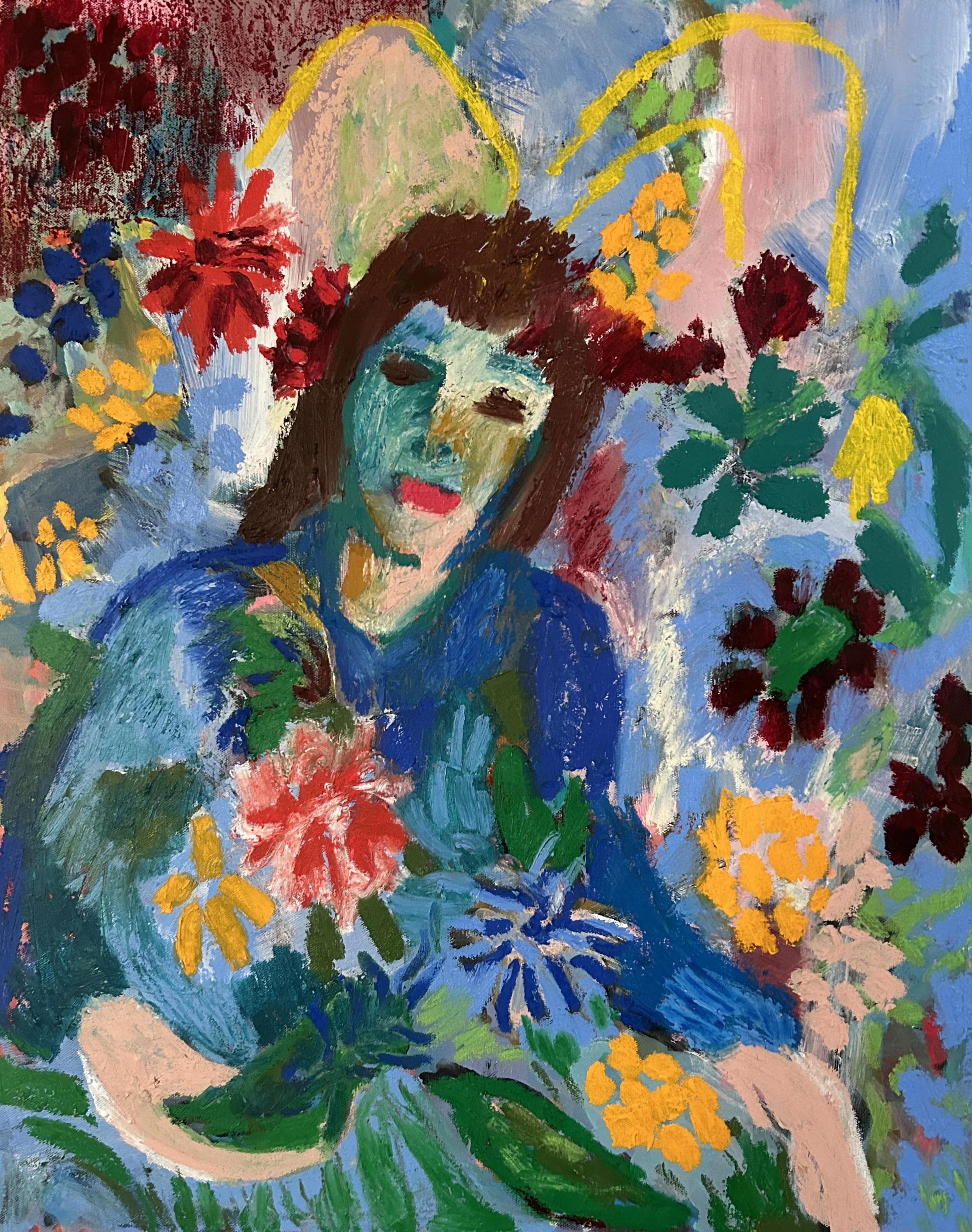 The Gardener, acrylic, collage and oil stick on canvas, 24x30 inches. She plants her desires developing her voice. Dares sings a new song.