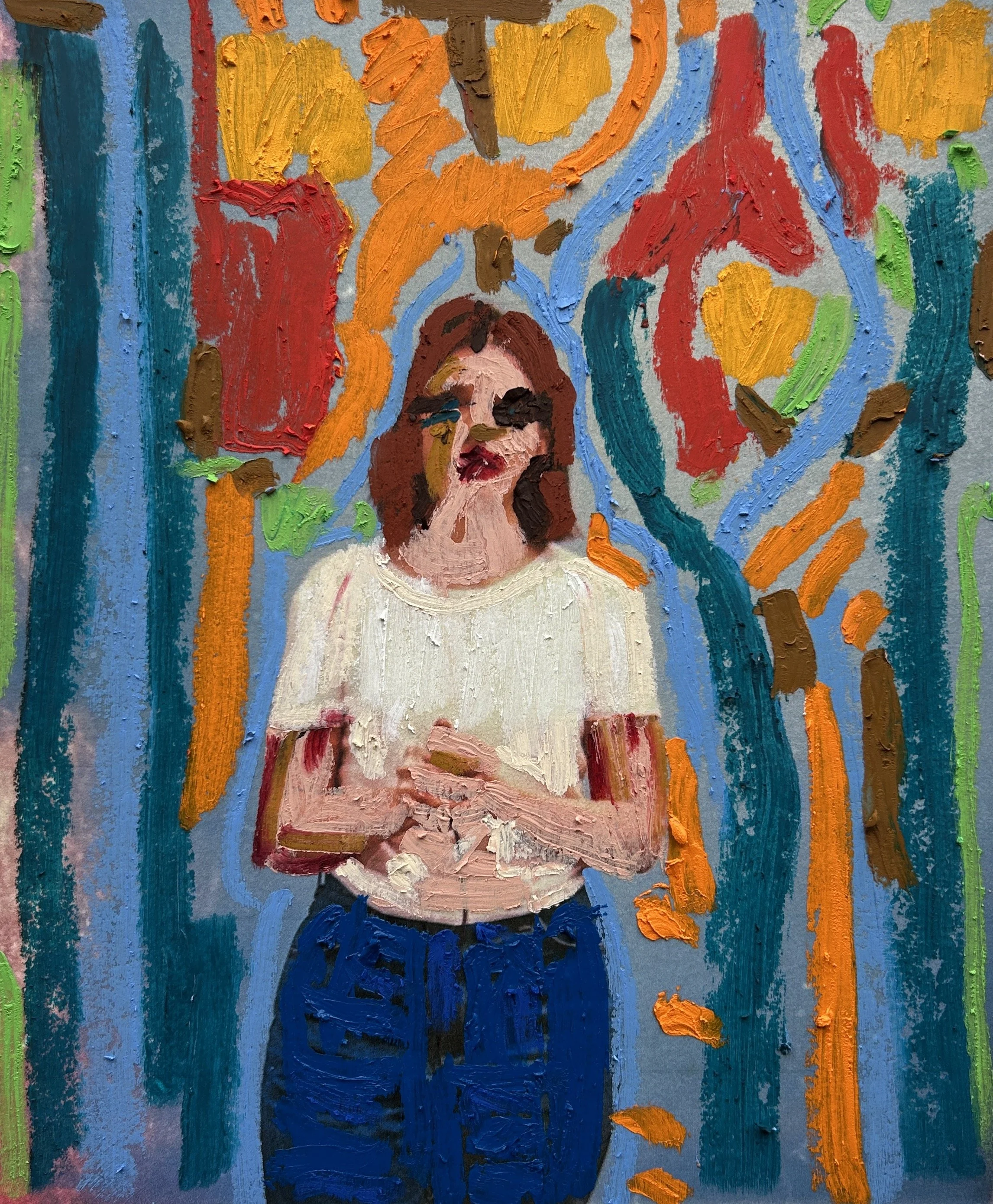 Echoed Bravery, oil stick on photograph, 8x10 inches. How do I face this? Will I repeat history? Watch me take a stand.