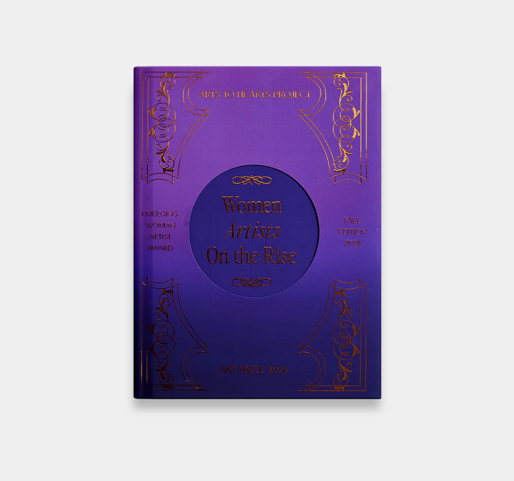 Purple book cover titled "Women Artists On the Rise," part of the Arts to the Arts Project for the 2024 Emerging Woman Artist Award, Fall Edition 2024, and Art Prize 2024, with gold decorative accents.