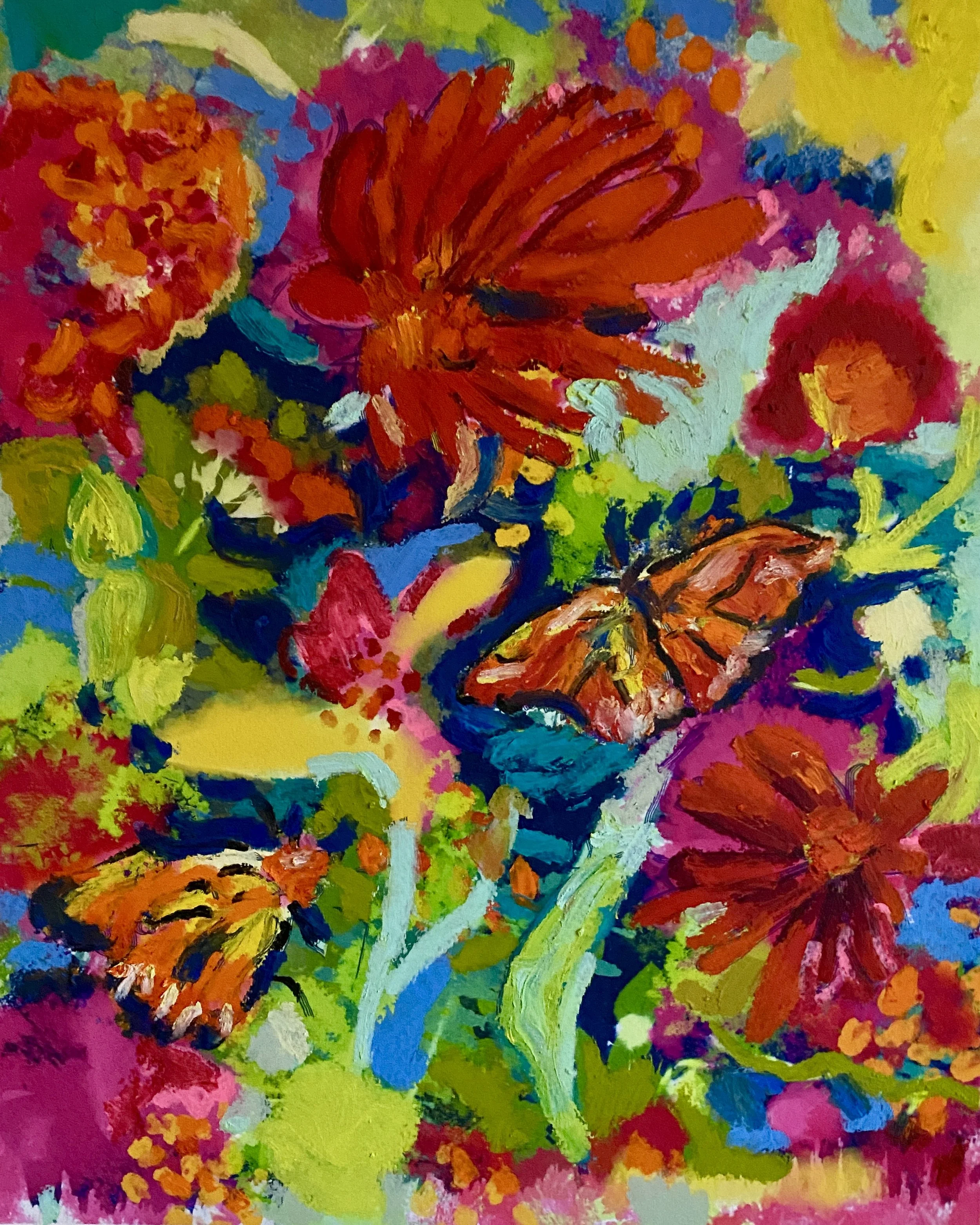 Butterflies Floral Symphonies, oil stick and pigment inks on paper, 12x16 inches. Red as in glowing. Take up all the room you need. Evolve and fly light.