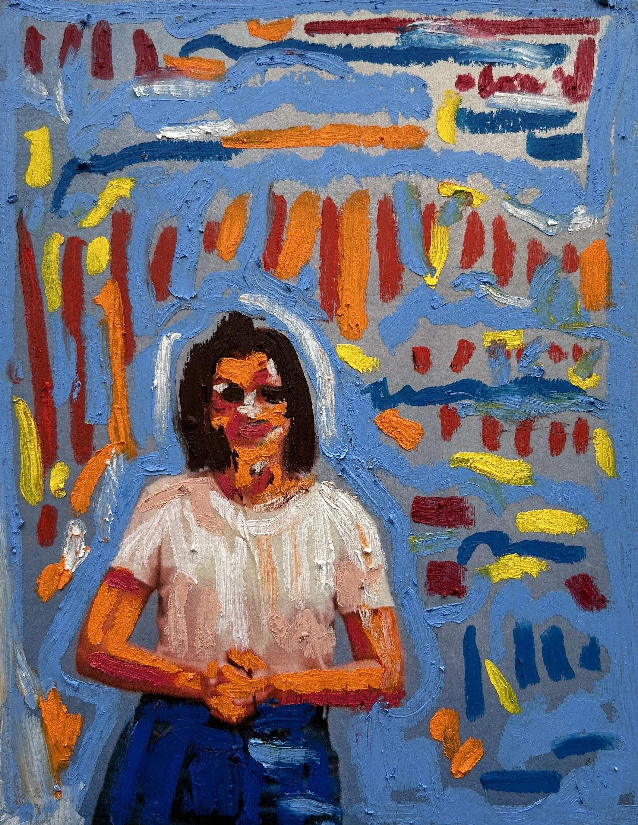 Memories Reimagined, oil stick on photograph, 8x10 inches. Remorse can sit down. As I look to my future. Kick fear in the head.