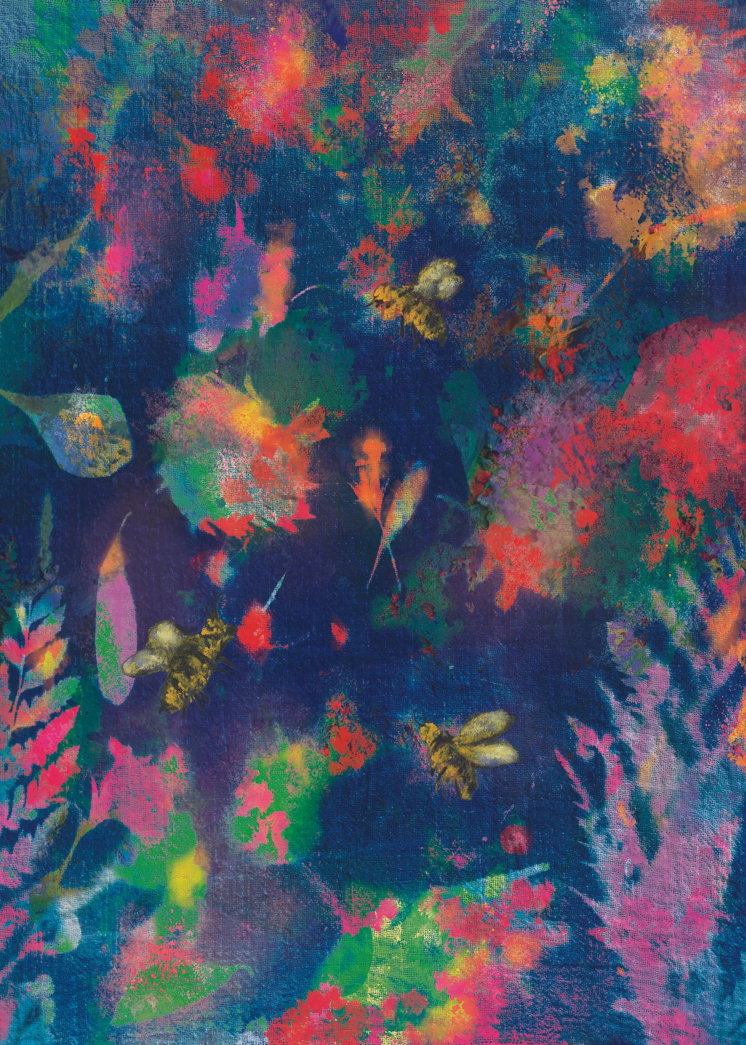 Abstract colorful painting of bees flying among vibrant flowers and leaves.