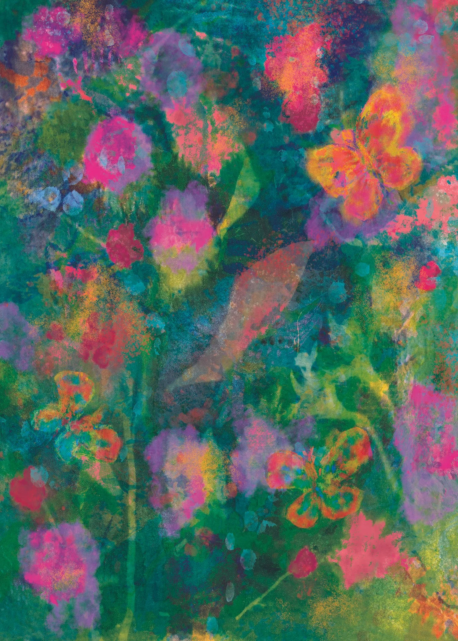Abstract colorful painting of flowers and leaves in shades of pink, purple, yellow, green, and blue.
