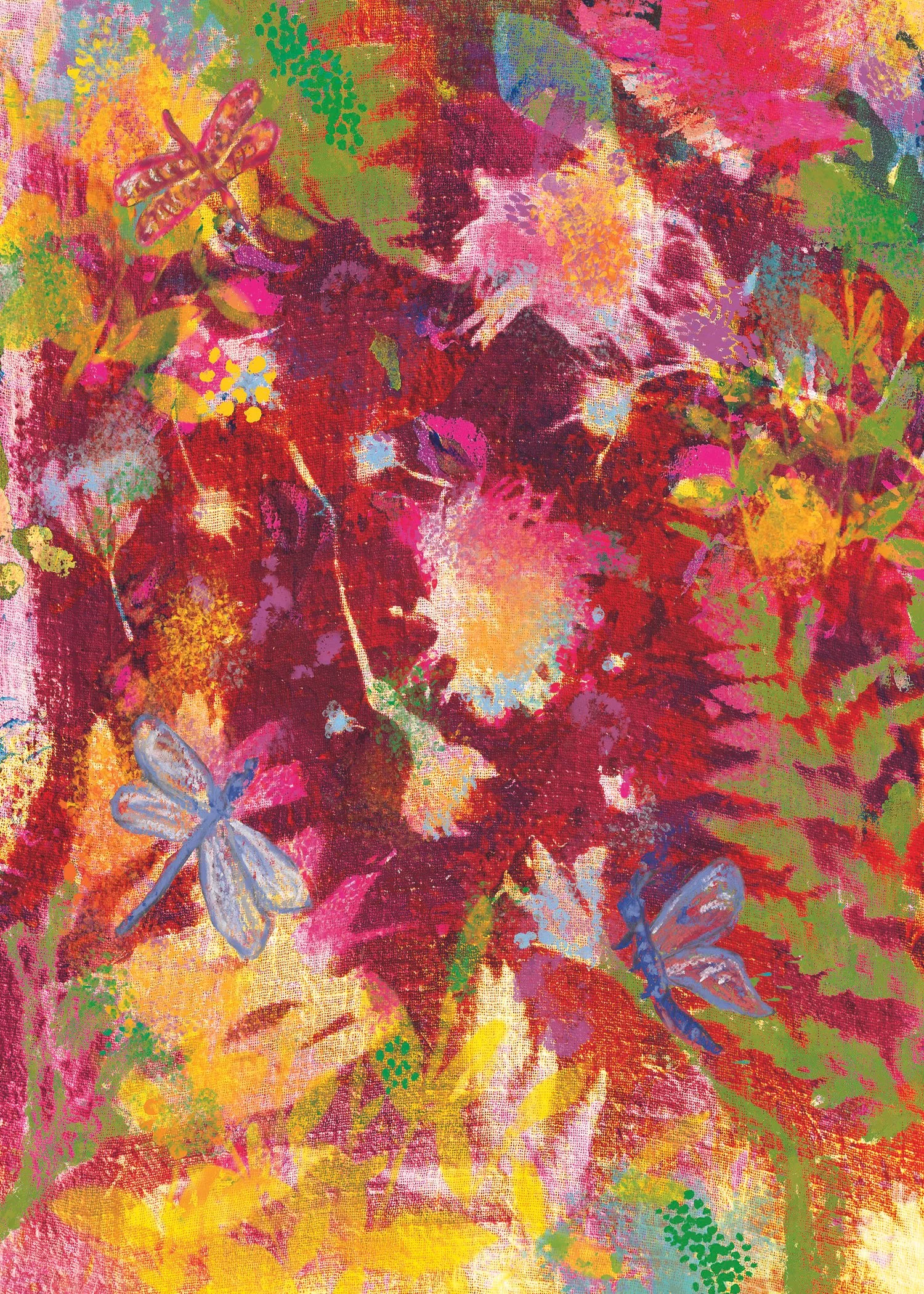 Colorful abstract painting featuring pink, red, yellow, purple, blue, and green hues with dragonflies and floral patterns.